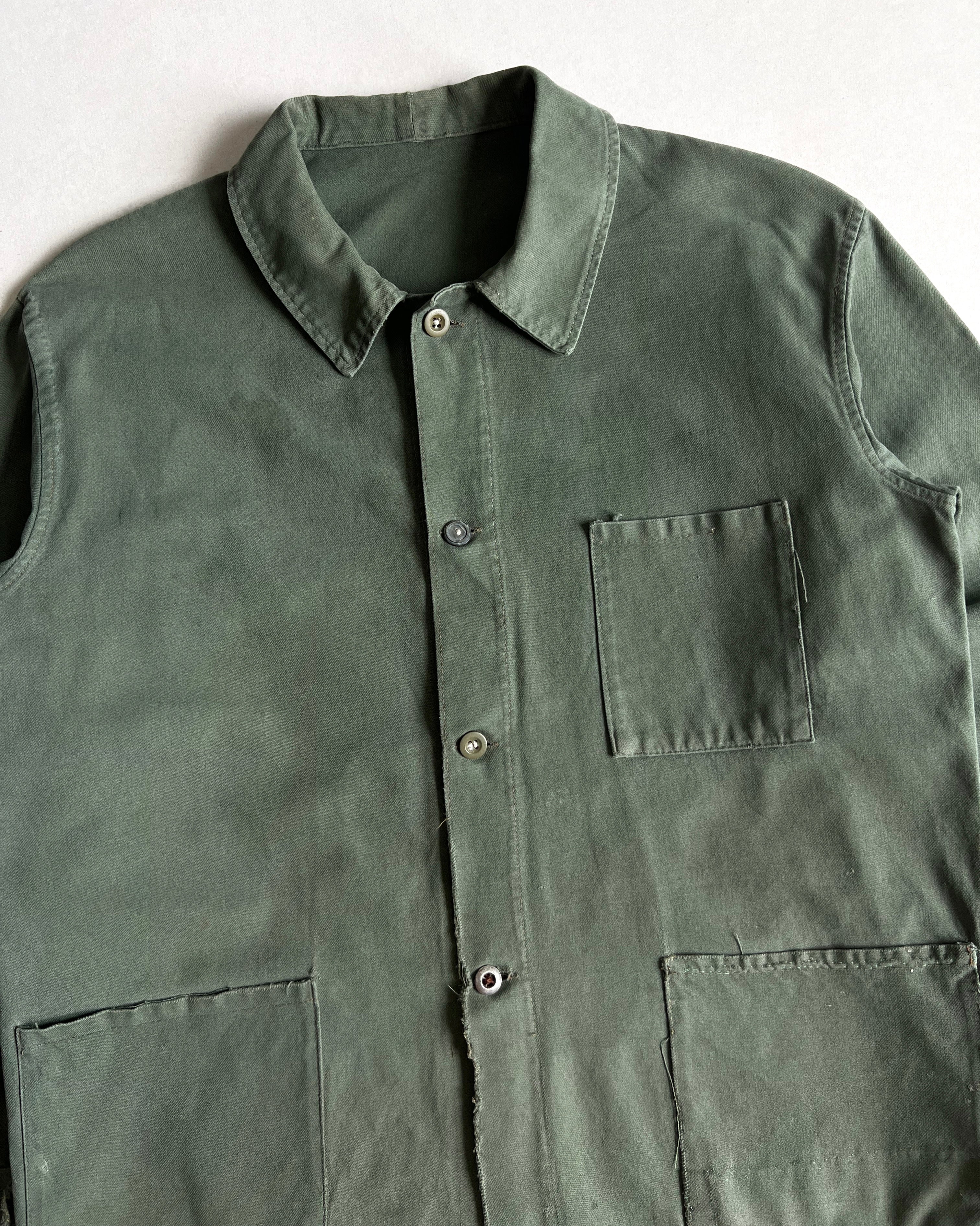 1950S DARK OLIVE BELGIUM ROUND COLLAR WORK CHORE (L)