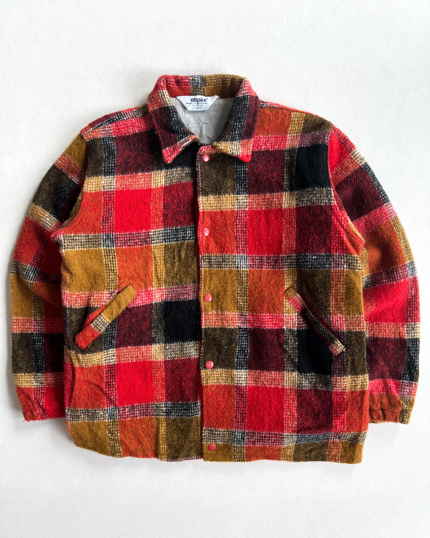 1980S EMPIRE WOOL PLAID BUTTON-UP FLANNEL JACKET (L)