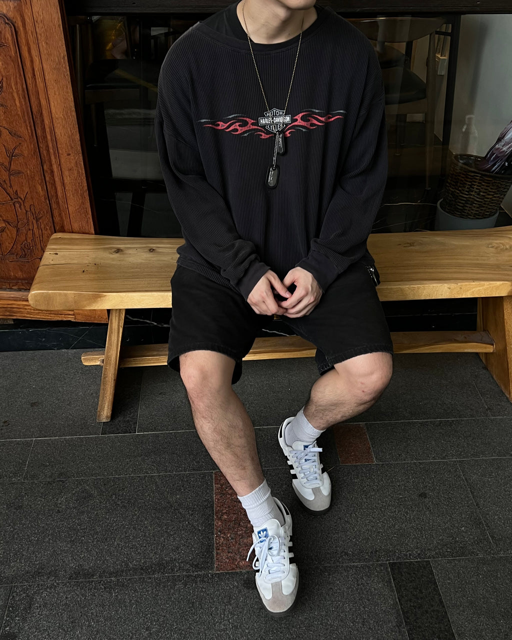 1990S SUN FADED HARLEY DAVIDSON WAFFLE KNIT SWEATER (L)