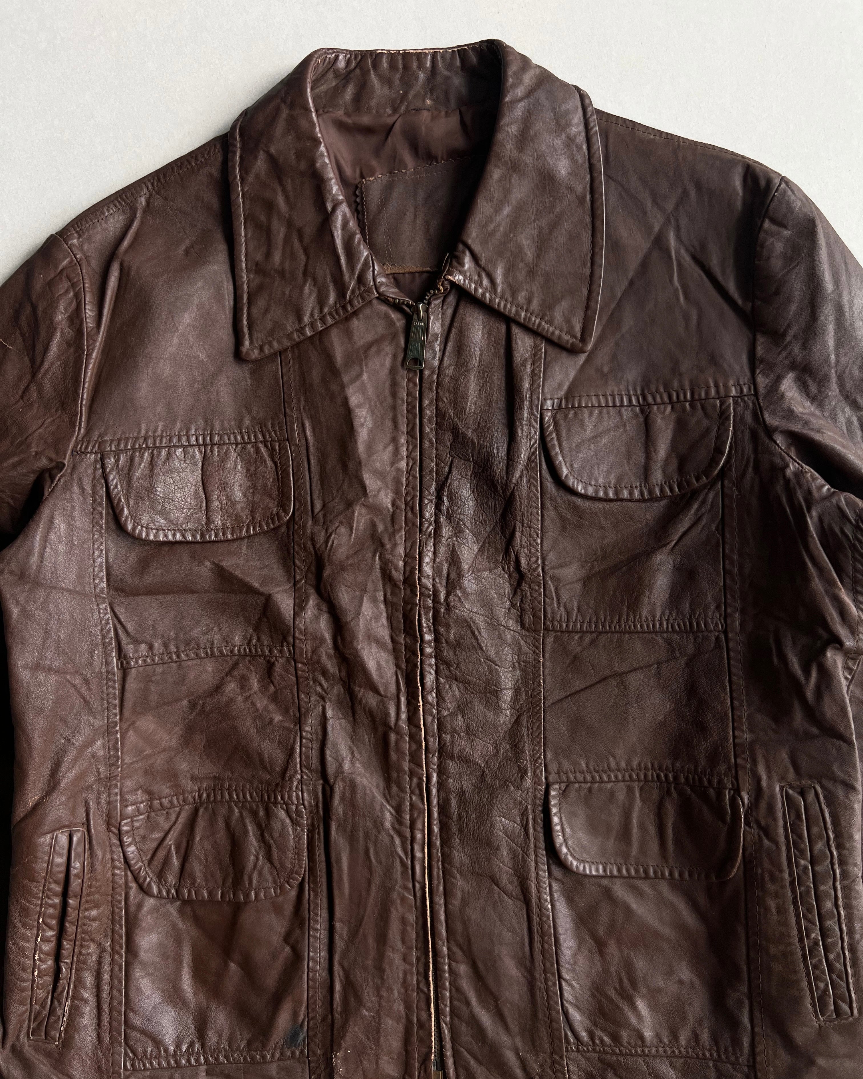 1970S BROWN WESTERN ZIP-UP LEATHER JACKET (L)