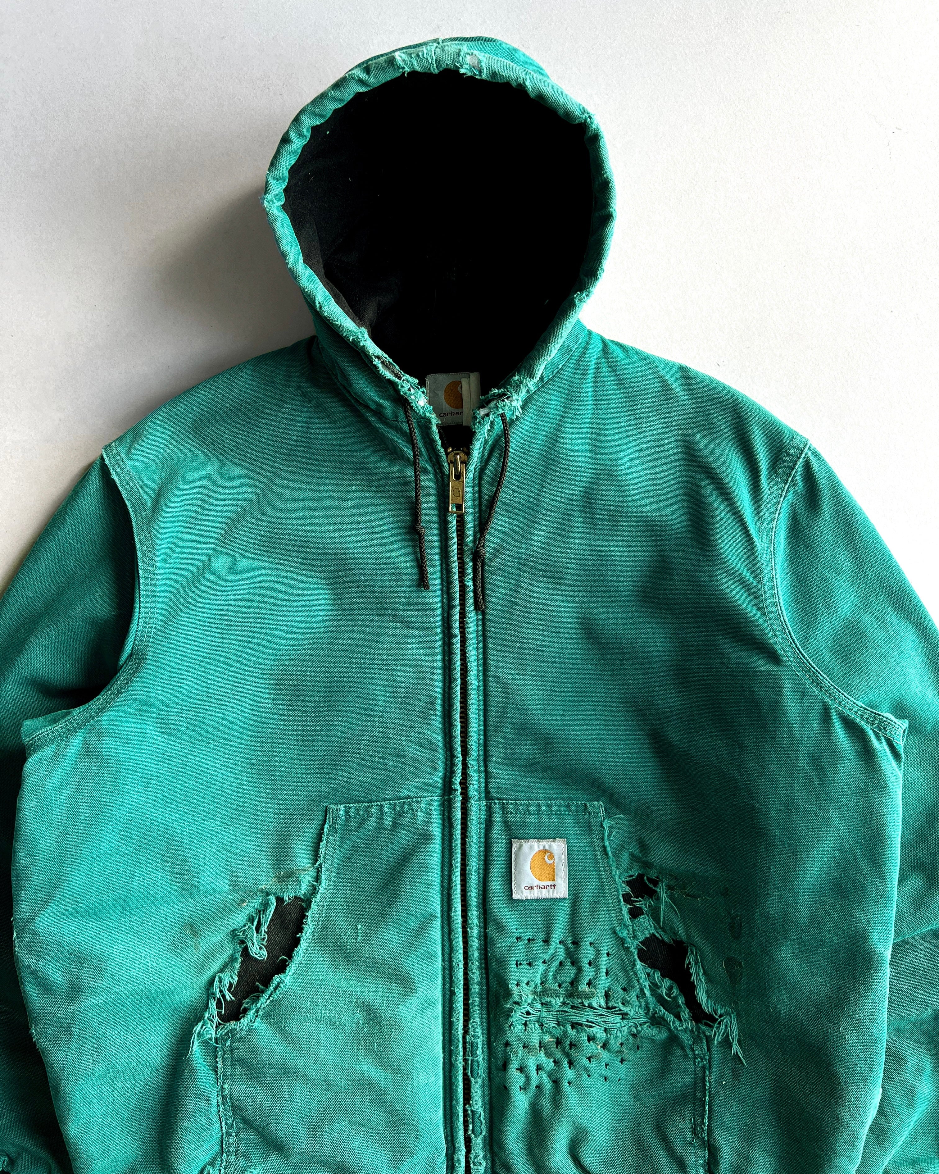 1990S TEAL GREEN CARHARTT REPAIRED HOODED WORK JACKET (L)
