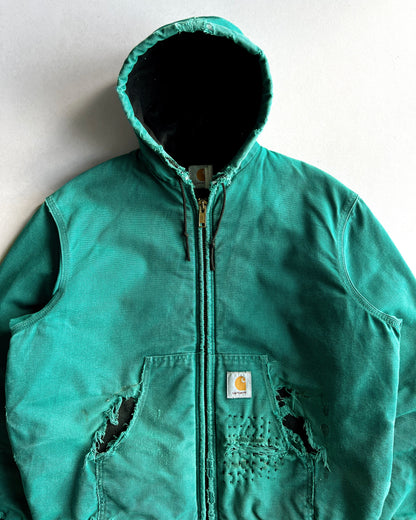 1990S TEAL GREEN CARHARTT REPAIRED HOODED WORK JACKET (L)