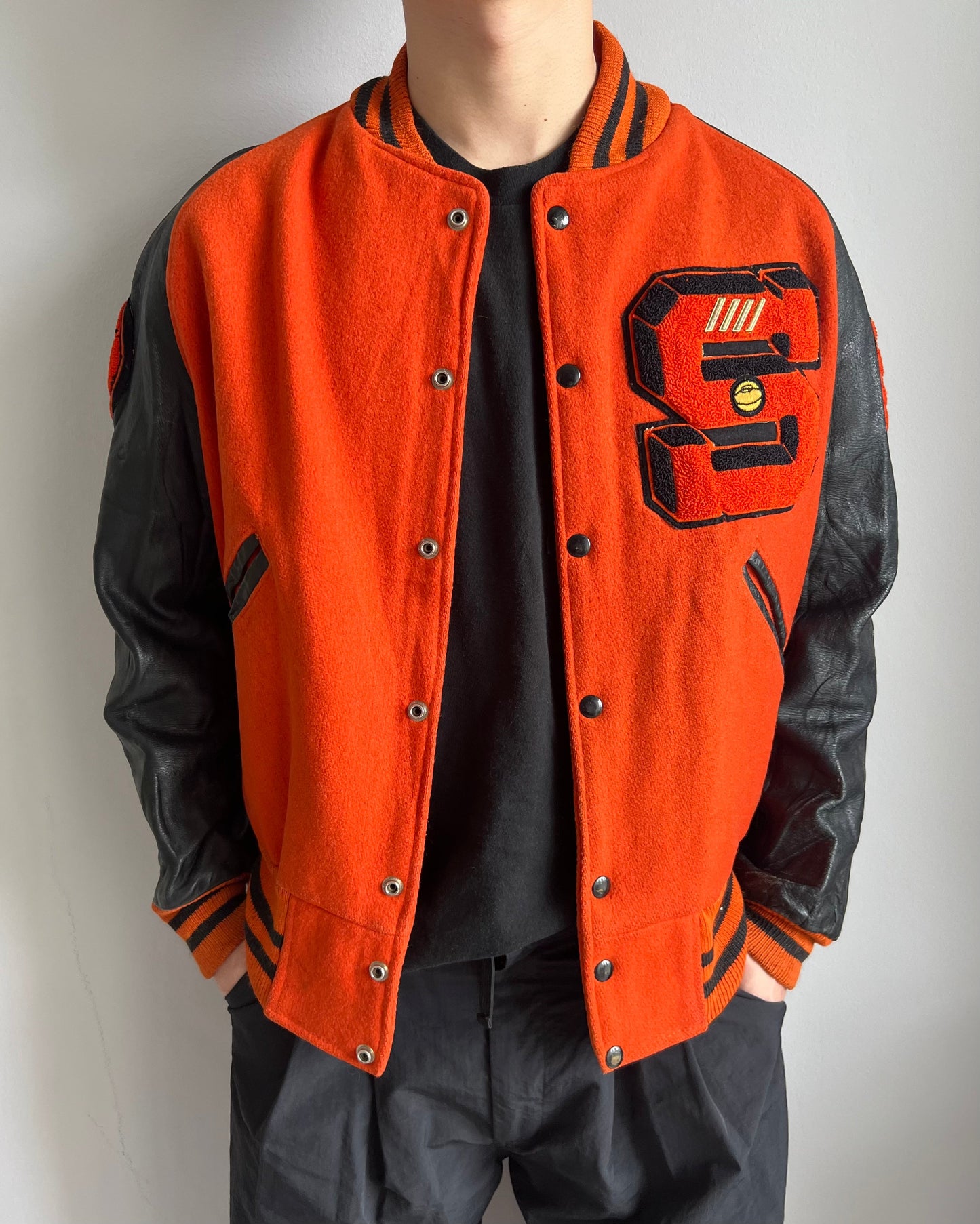 1961 'S' LETTERMAN RAGLAN LEATHER SLEEVES VARSITY JACKET (L)