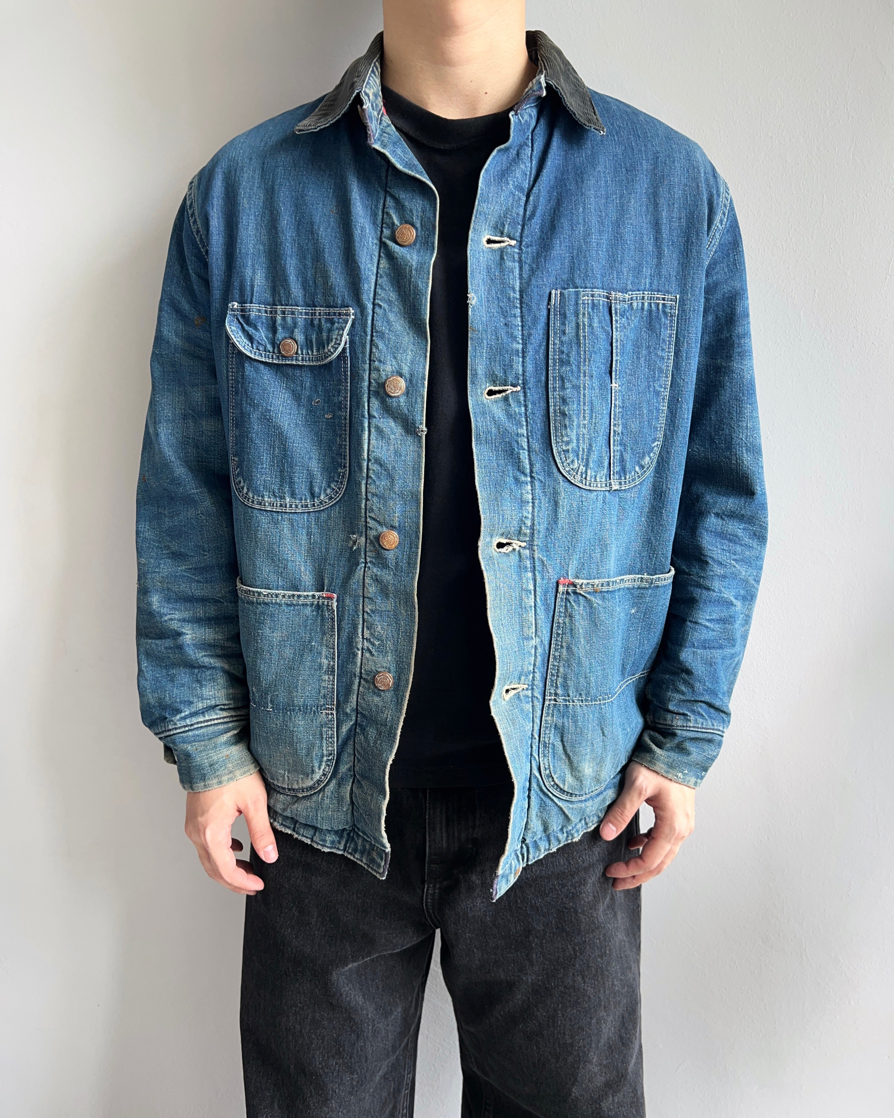 1950S FADED DENIM WORK CHORE JACKET (M/L)