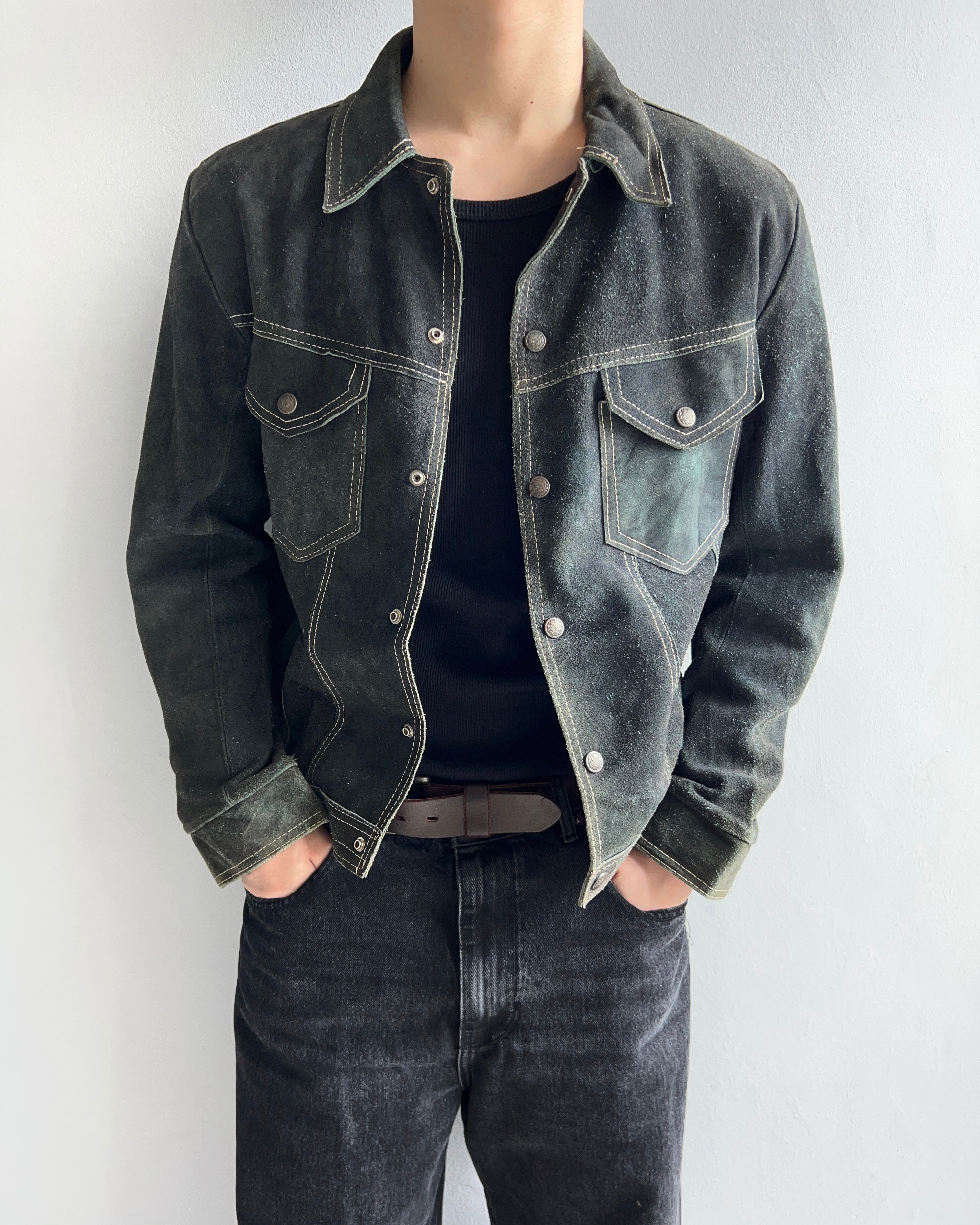 1970S MOSS GREEN SUEDE TRUCKER JACKET (M)