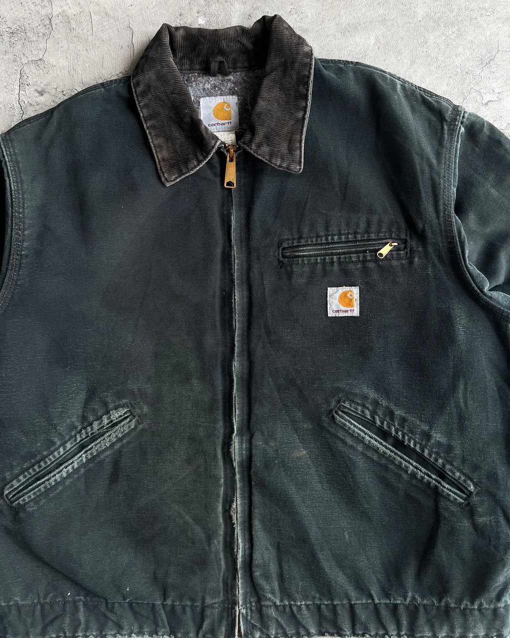 1990S FADED BLACK/MOSS GREEN CARHARTT DETROIT WORK JACKET (M/L)