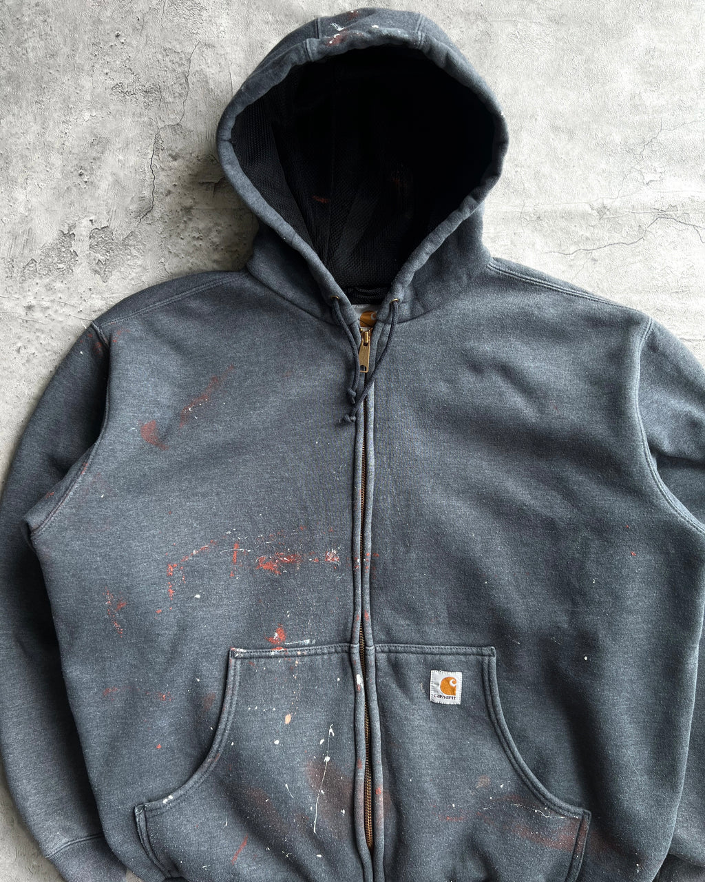 1990S GREY PAINTED CARHARTT HEAVYWEIGHT LOGO ZIP-UP HOODIE (XL)
