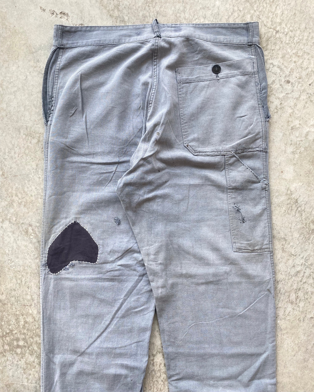 1960S FADED GREY FRENCH WORKWEAR REPAIRED TROUSERS