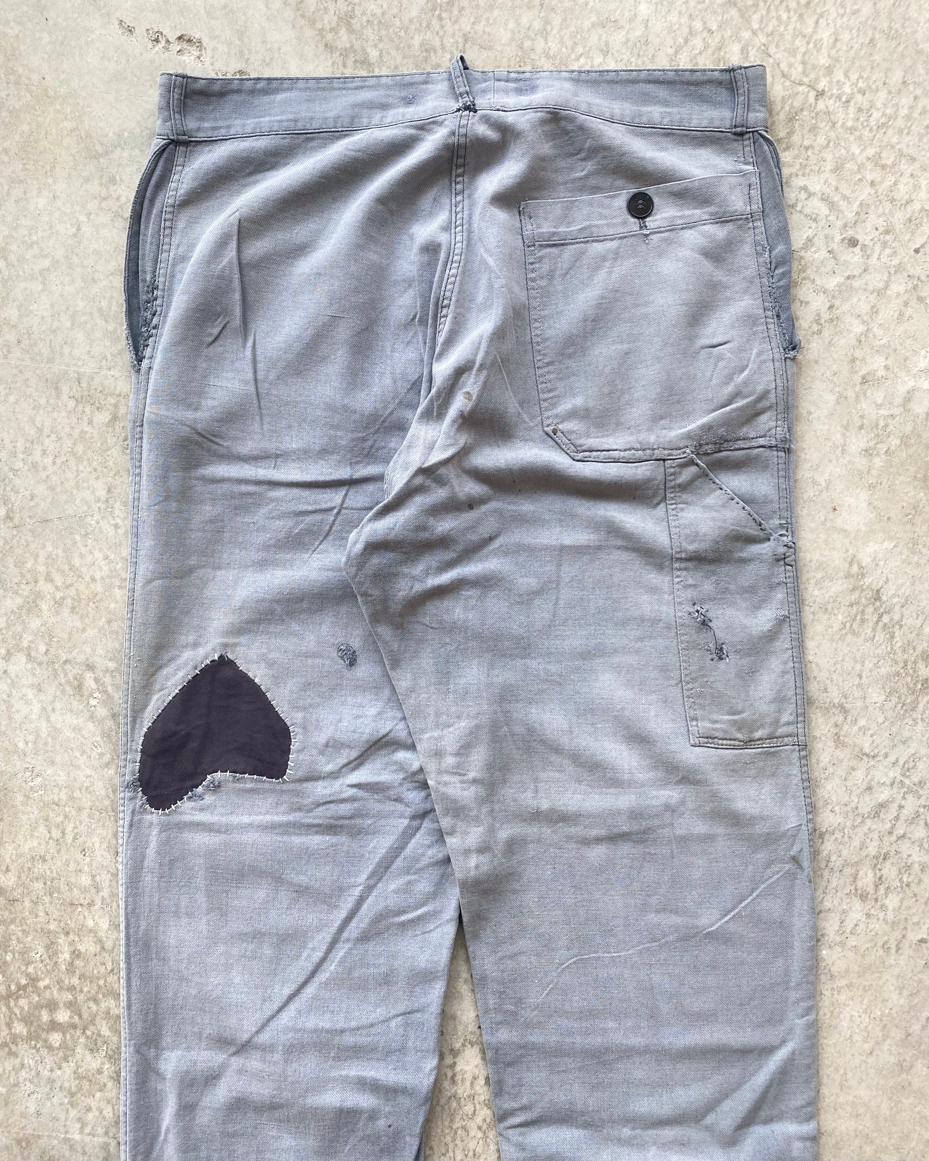 1960S FADED GREY FRENCH WORKWEAR REPAIRED TROUSERS