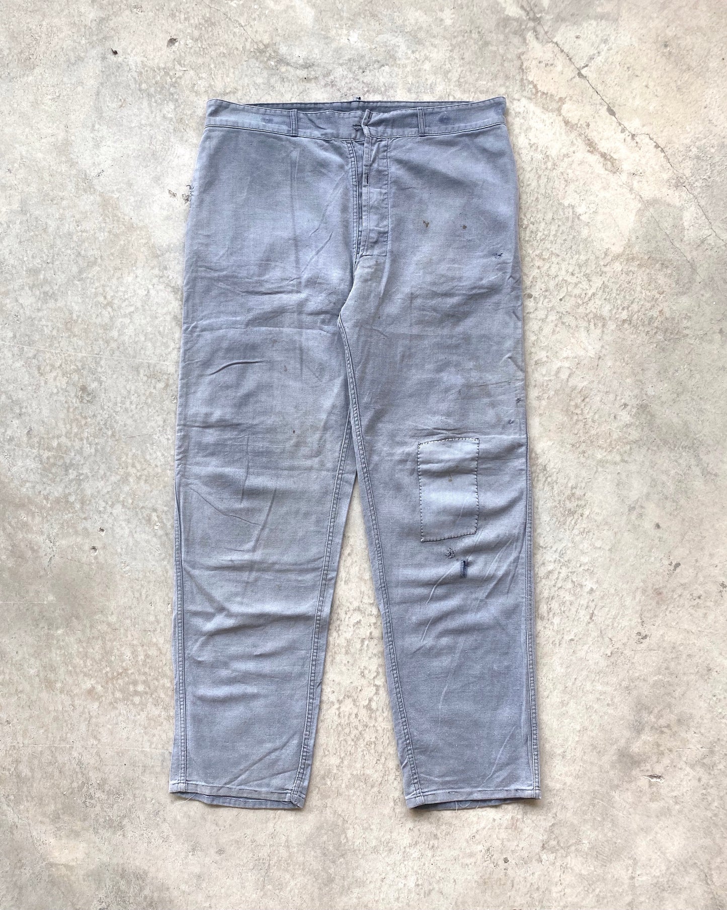 1960S FADED GREY FRENCH WORKWEAR REPAIRED TROUSERS