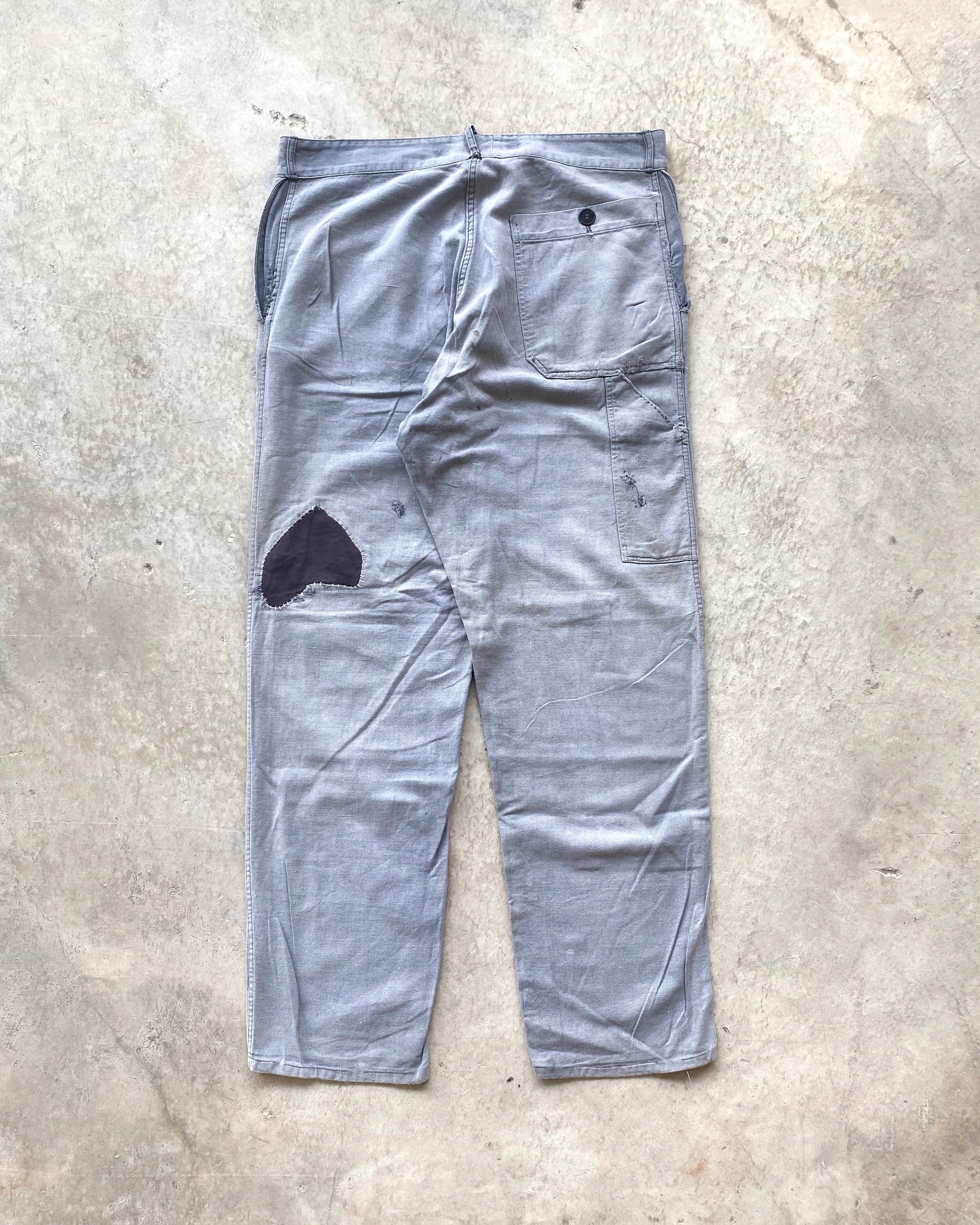 1960S FADED GREY FRENCH WORKWEAR REPAIRED TROUSERS