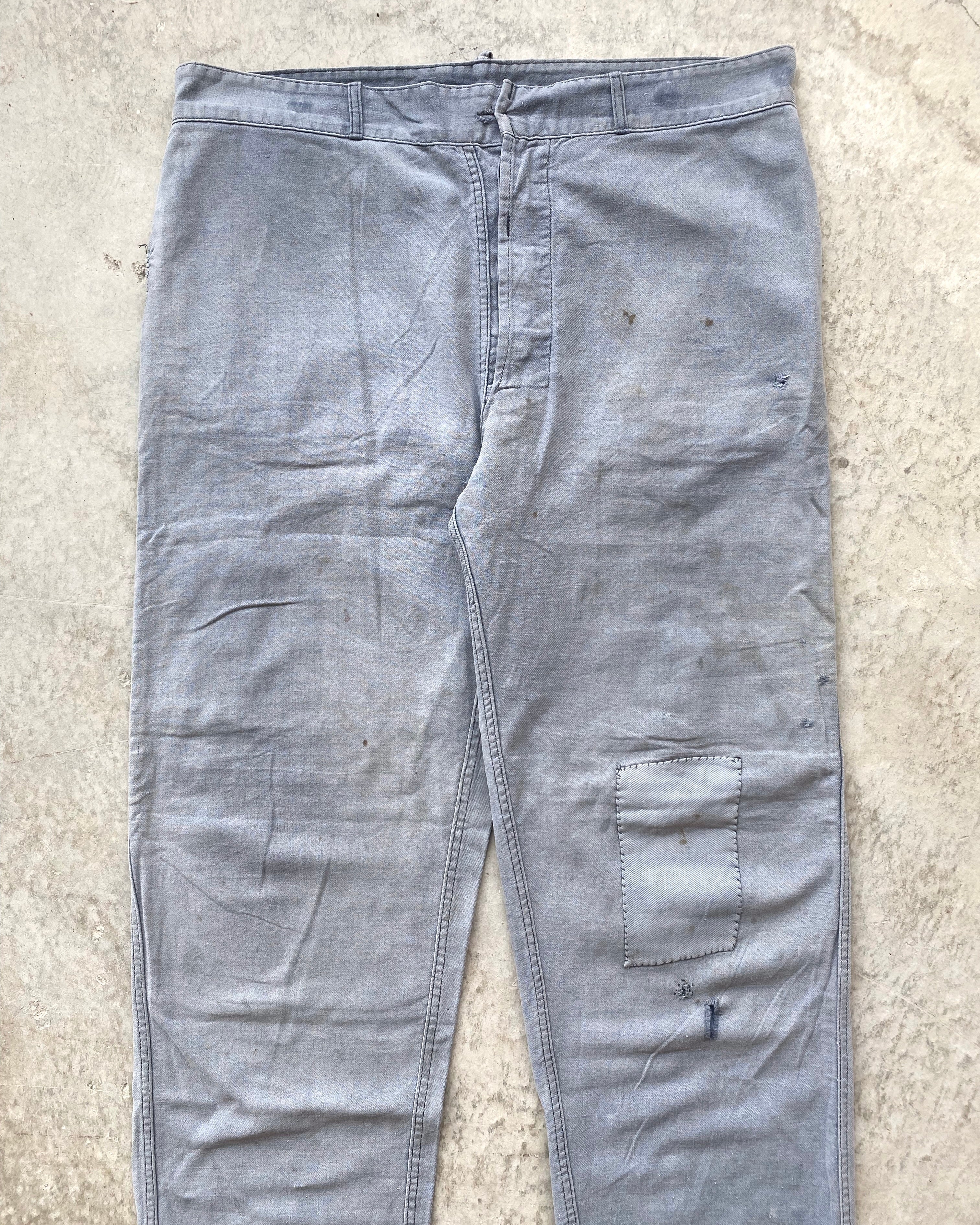 1960S FADED GREY FRENCH WORKWEAR REPAIRED TROUSERS