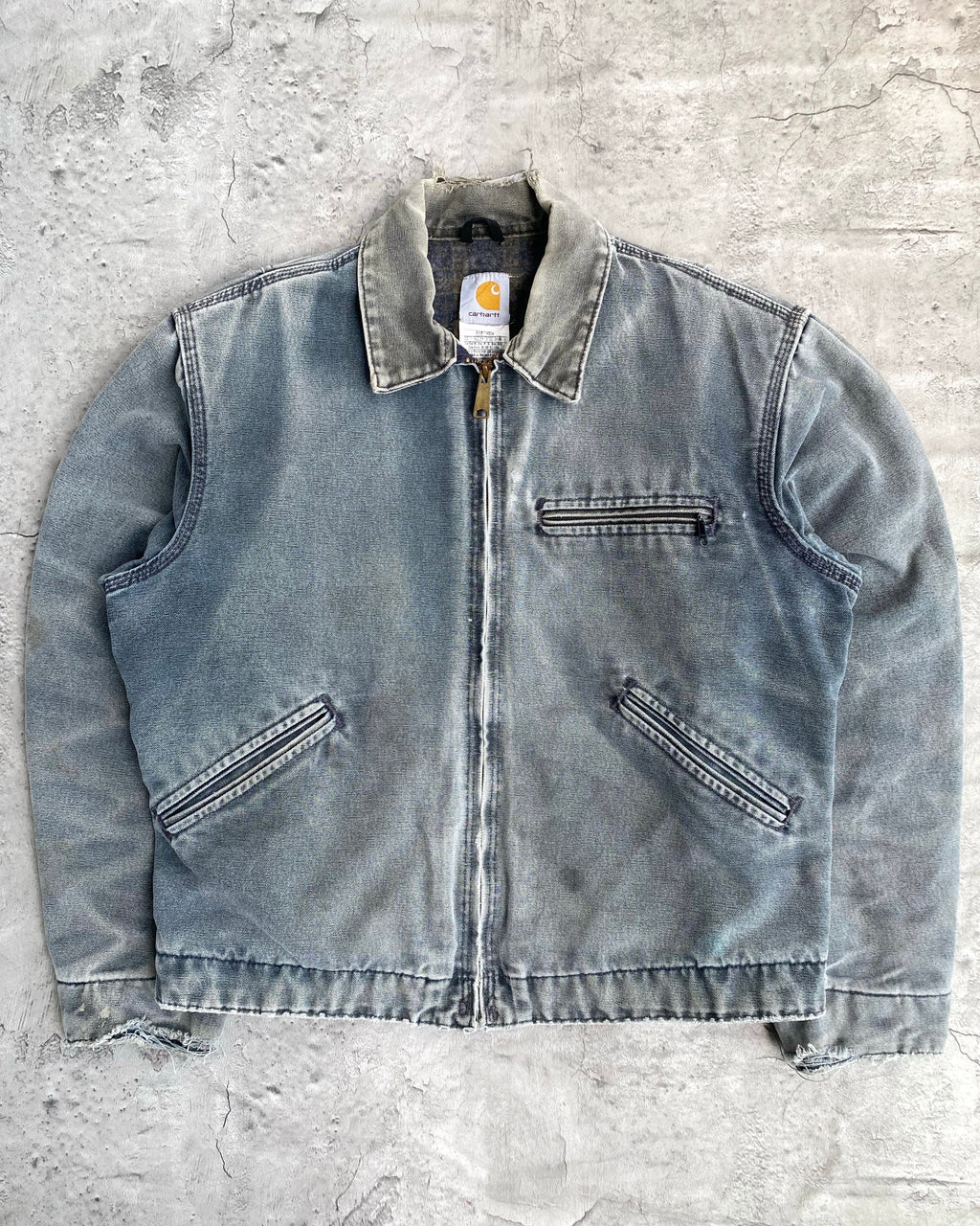 1990S SUN FADED BLUE/GREY CARHARTT DETROIT JACKET (S-L)