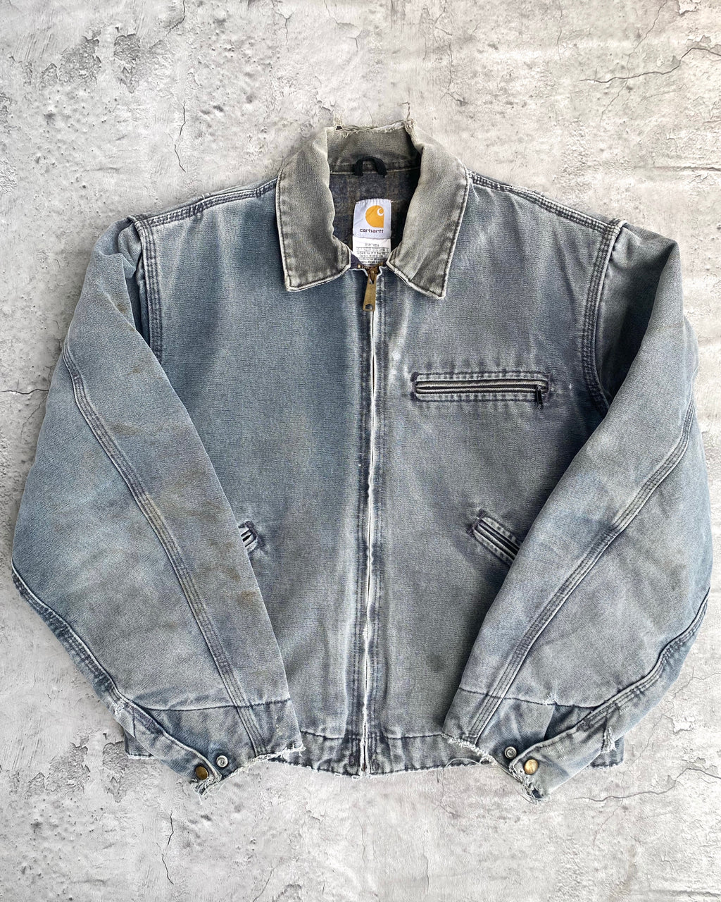 1990S SUN FADED BLUE/GREY CARHARTT DETROIT JACKET (S-L)