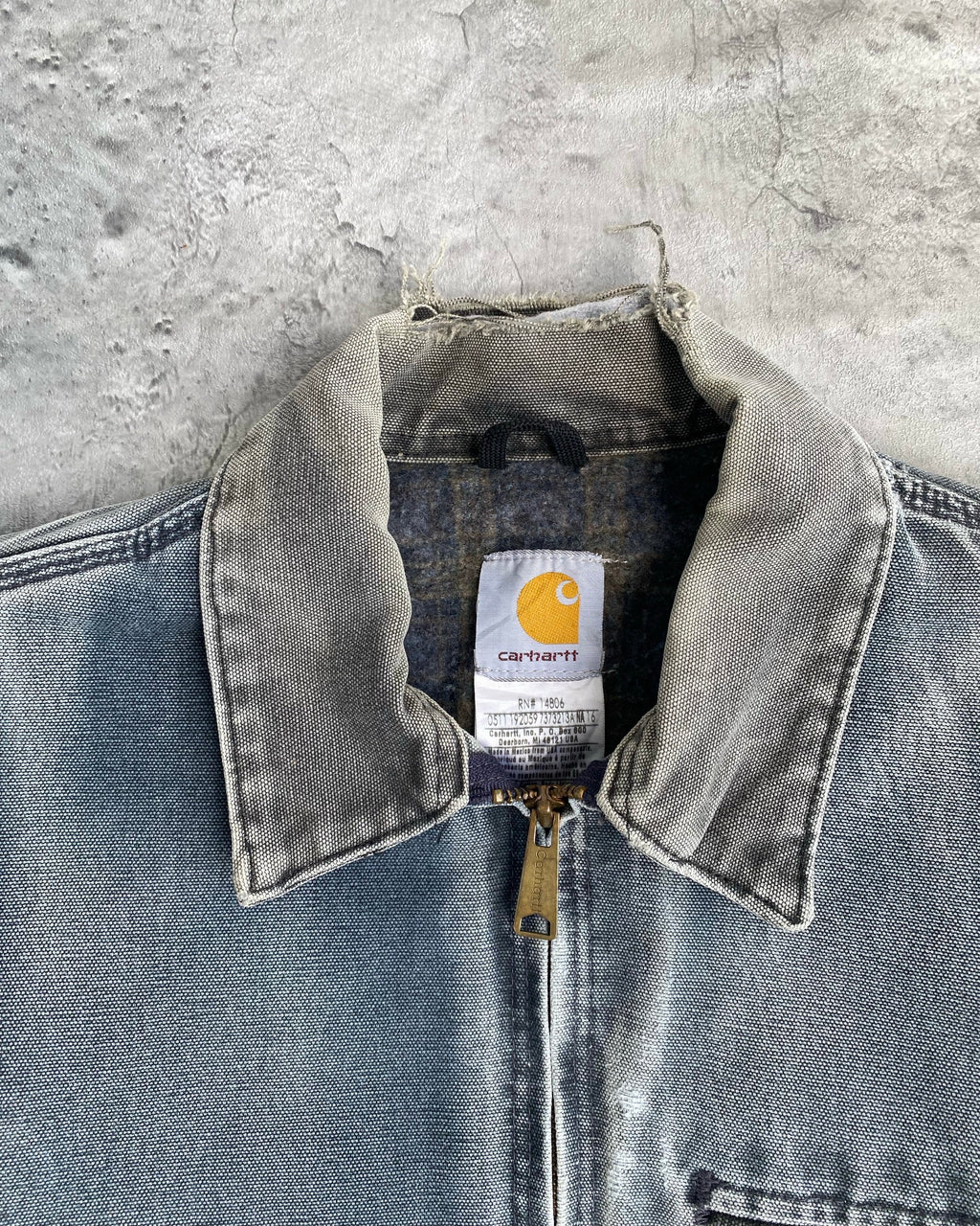 1990S SUN FADED BLUE/GREY CARHARTT DETROIT JACKET (S-L)