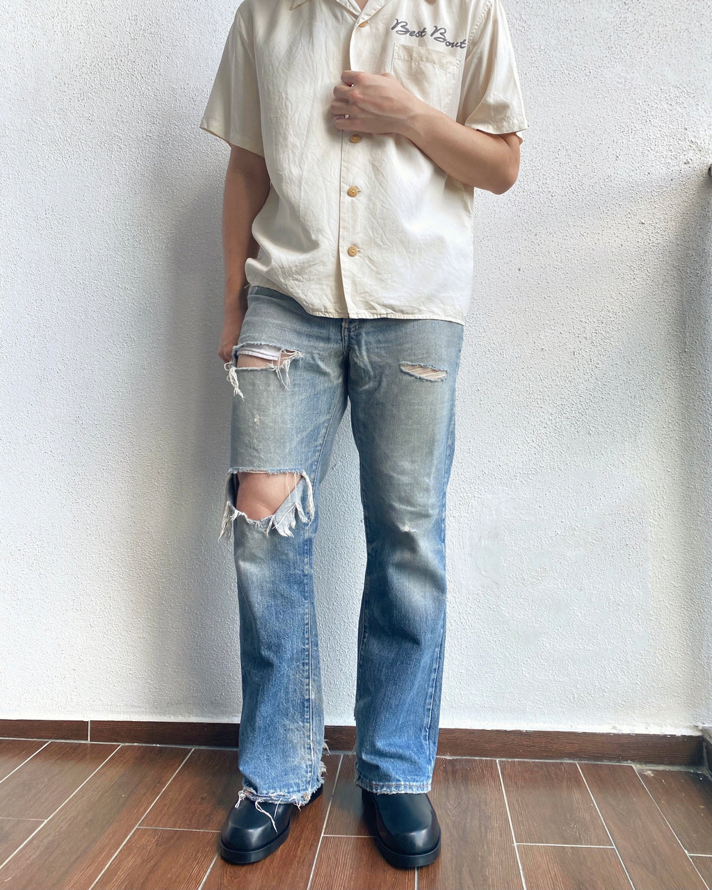 1970S FADED WASHED LEVI'S 517 DISTRESSED FLARE JEANS (32X30)