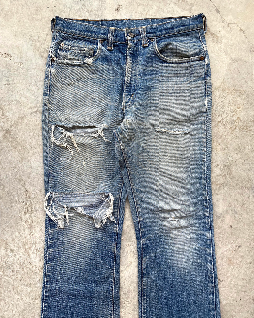1970S FADED WASHED LEVI'S 517 DISTRESSED FLARE JEANS (32X30)