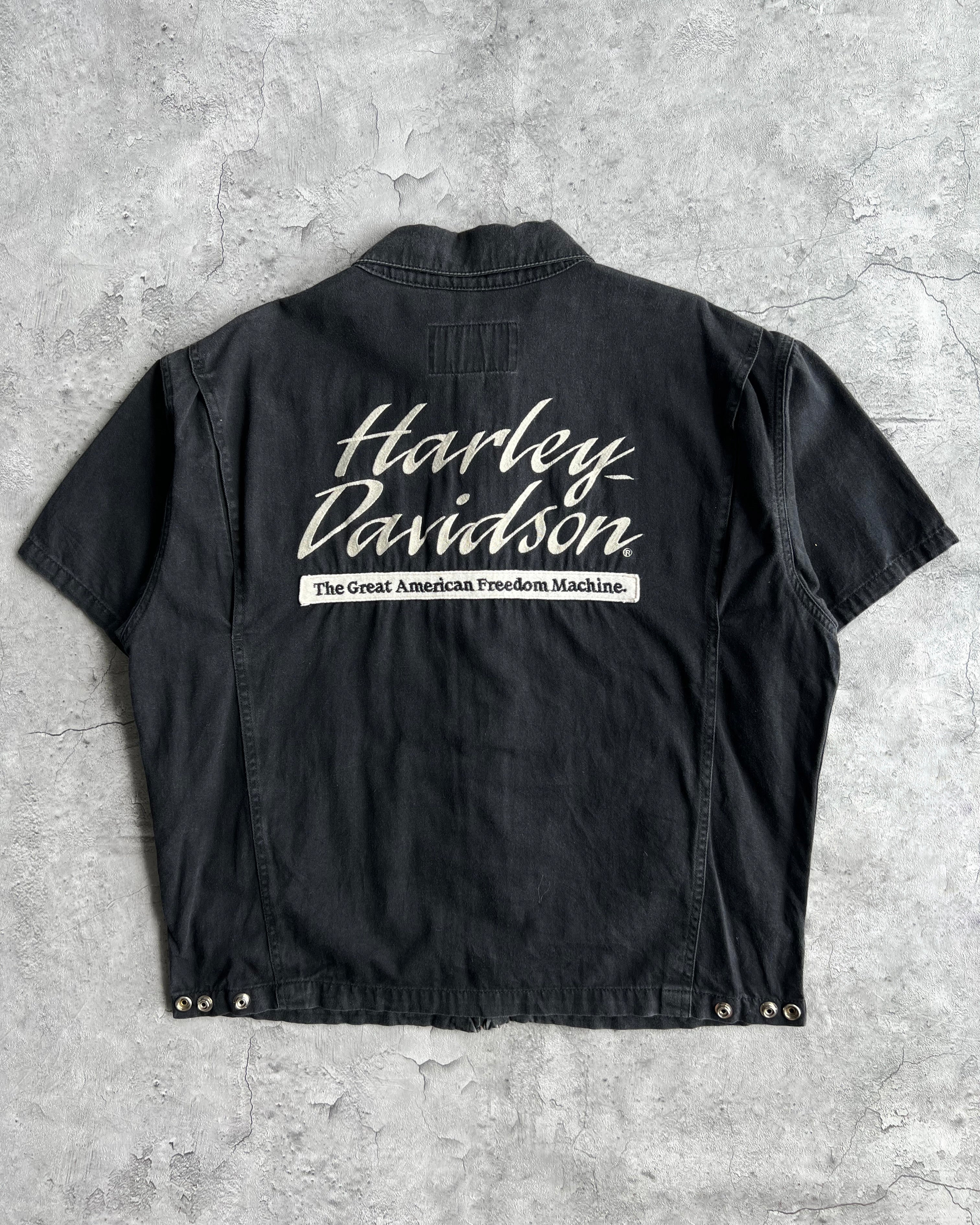 2000S FADED BLACK HARLEY DAVIDSON ZIP-UP WORK SHIRT (L)