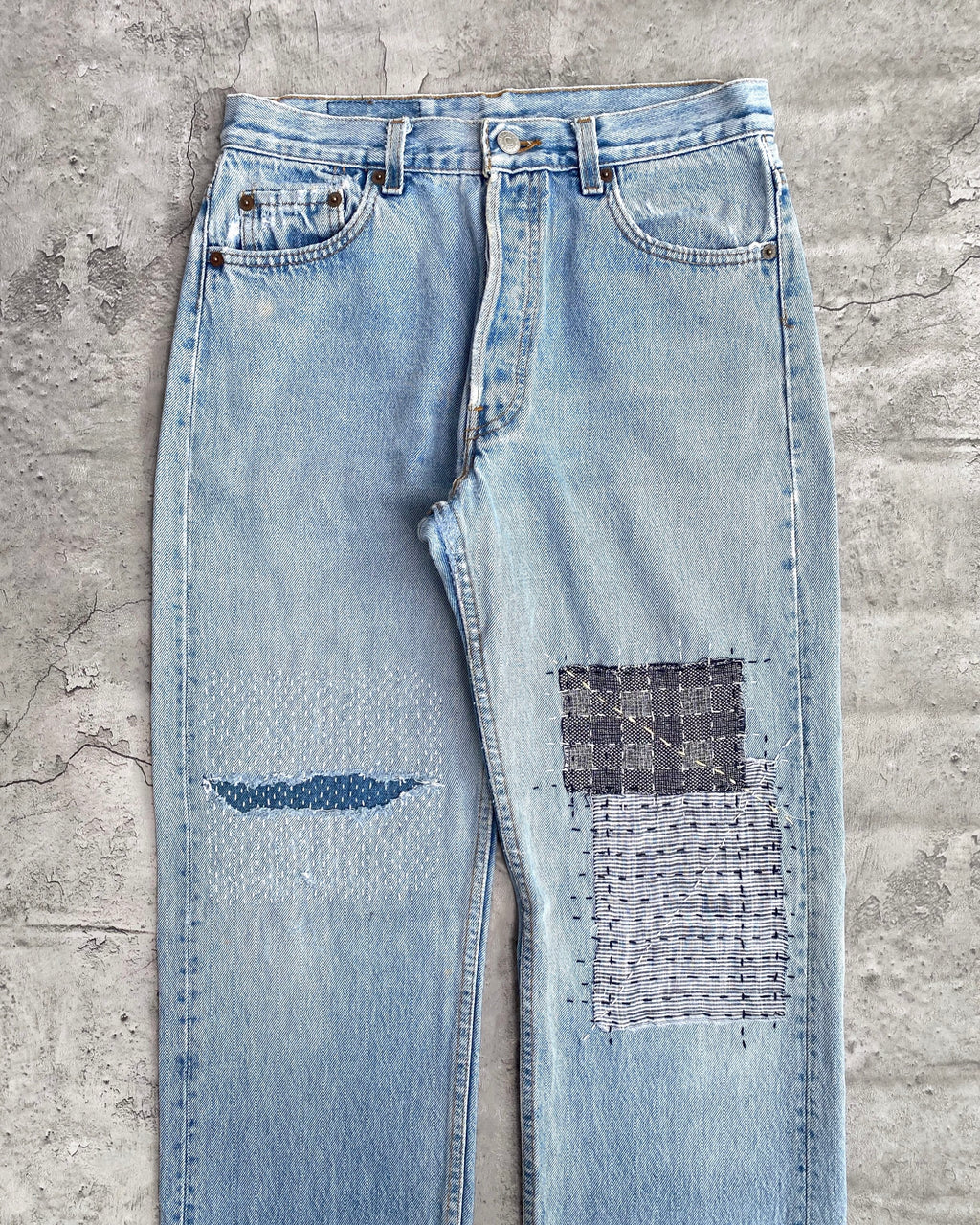 1990S FADED WASHED LEVI'S 501 SASHIKO REPAIRED JEANS (29X33)