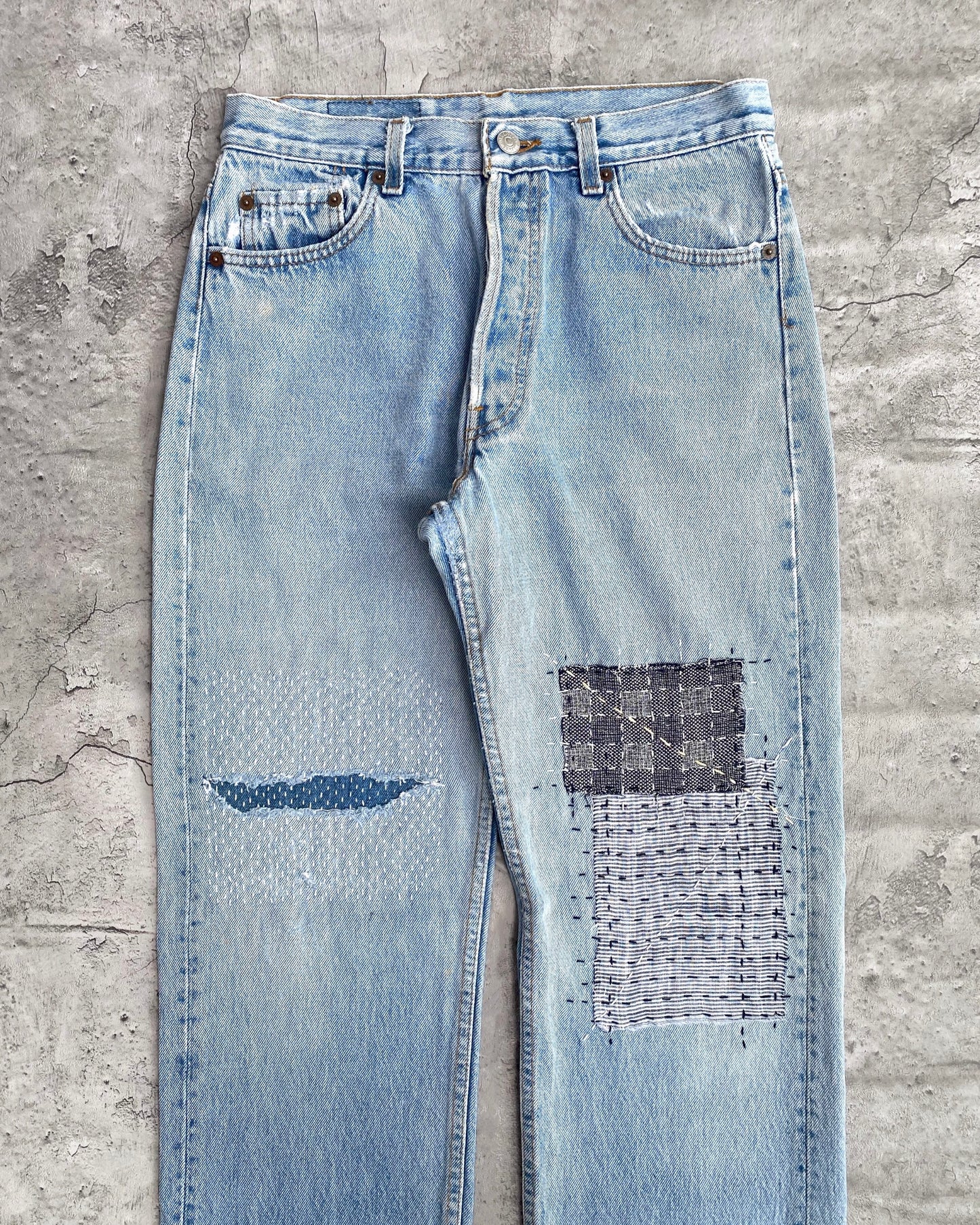 1990S FADED WASHED LEVI'S 501 SASHIKO REPAIRED JEANS (29X33)