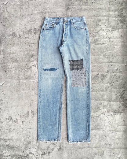 1990S FADED WASHED LEVI'S 501 SASHIKO REPAIRED JEANS (29X33)