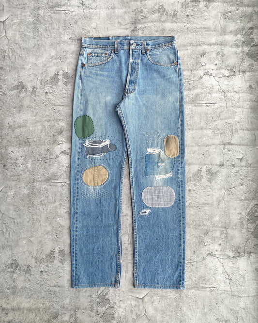 1990S FADED WASHED LEVI'S 501 SASHIKO REPAIRED JEANS (32X32)