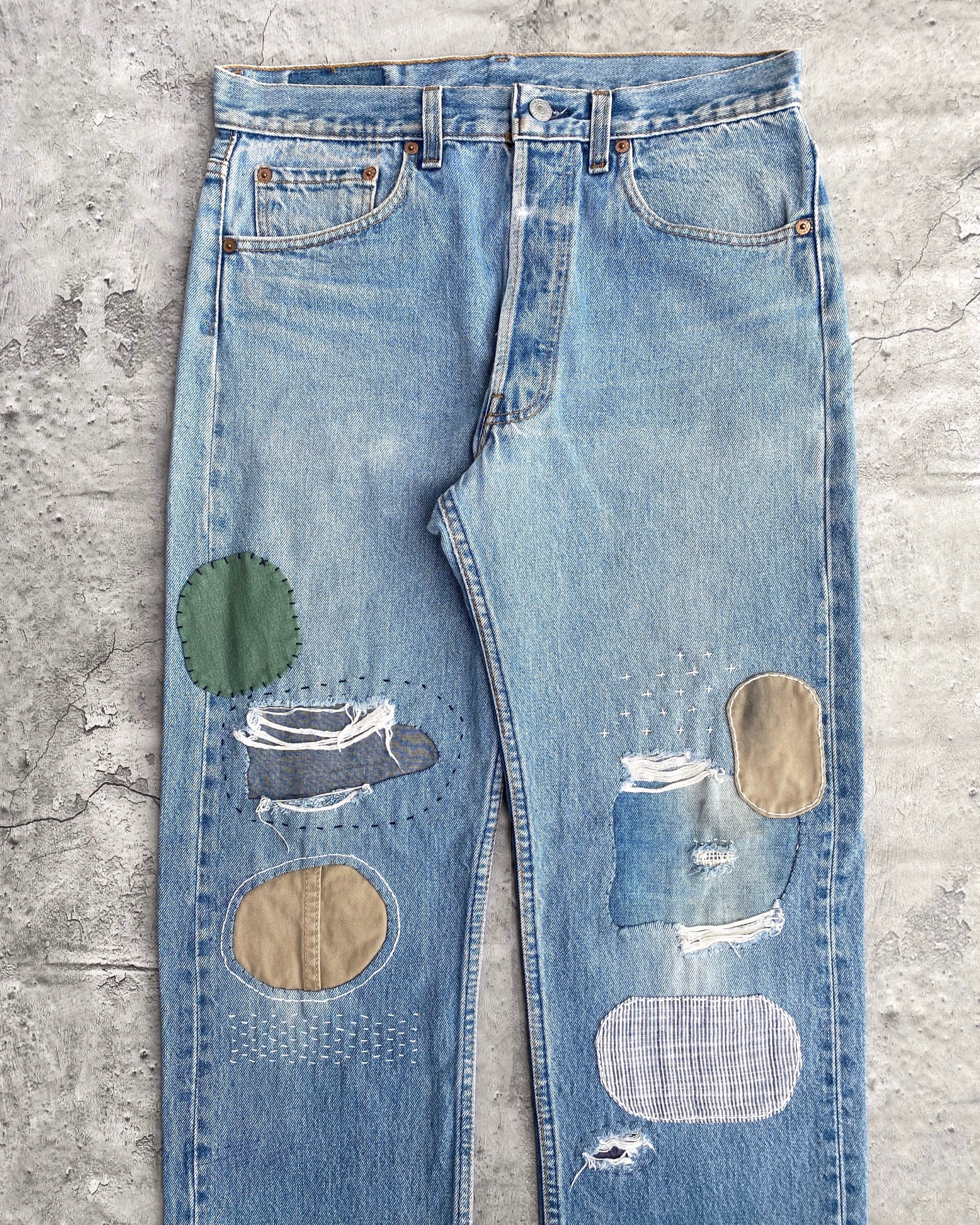1990S FADED WASHED LEVI'S 501 SASHIKO REPAIRED JEANS (32X32)
