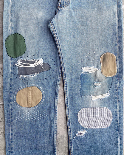 1990S FADED WASHED LEVI'S 501 SASHIKO REPAIRED JEANS (32X32)