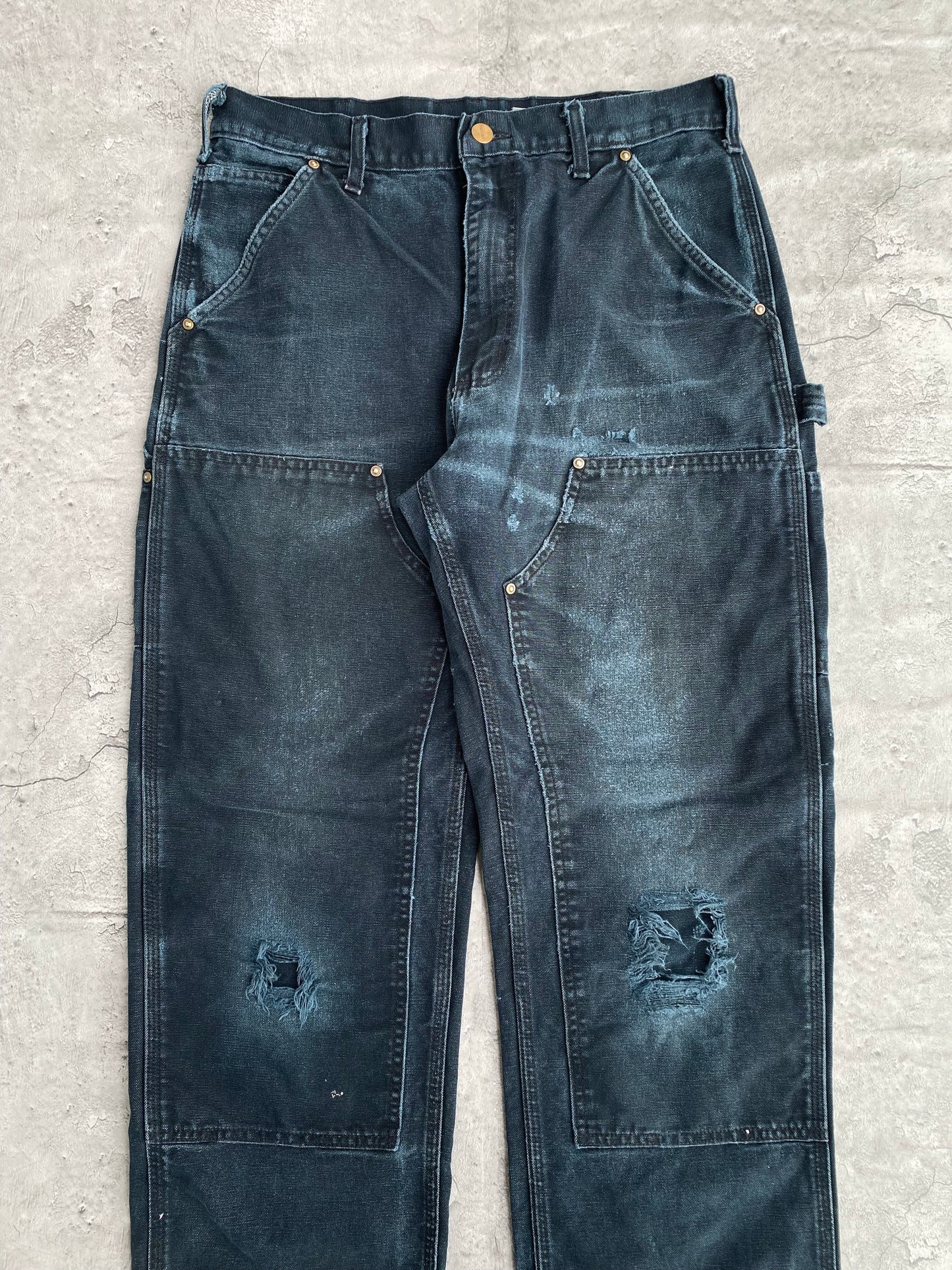 1990S FADED BLACK CARHARTT DISTRESSED DOUBLE KNEE PANTS (32X32)