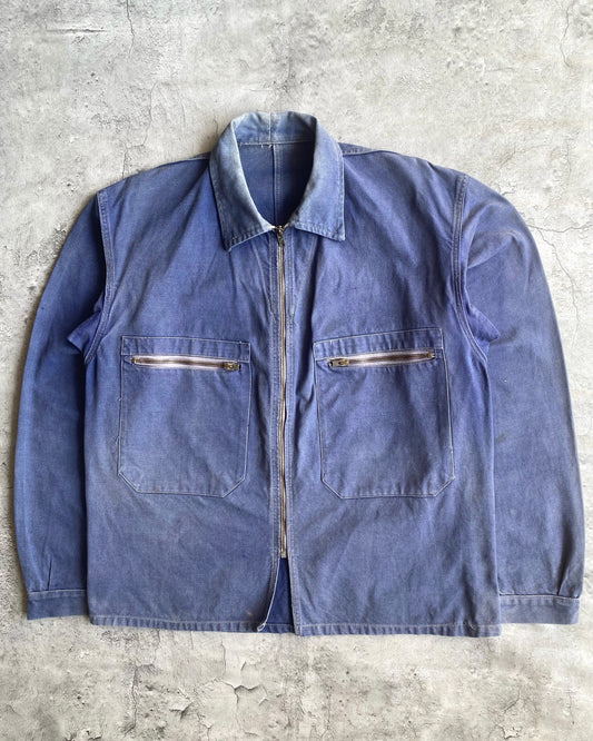 1960S SUN FADED INDIGO FRENCH WORK ZIP UP JACKET (M/L)
