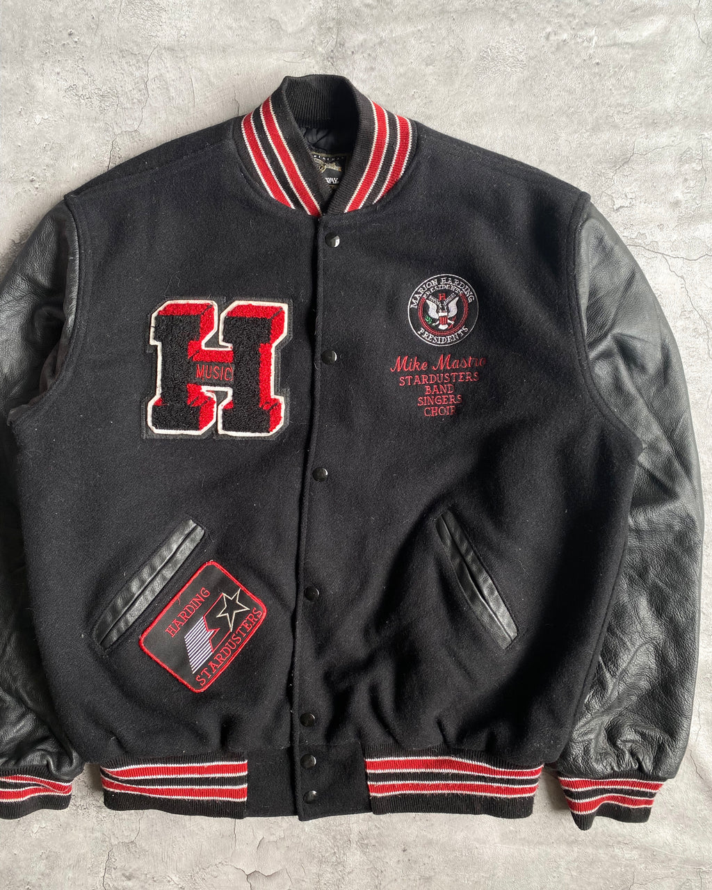 1980S 'HARDING' LEATHER SLEEVES VARSITY JACKET (L)