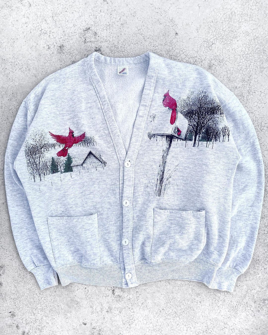 1980S JERZEES 50/50 HEATHER GREY PRINTED CARDIGAN (OS)