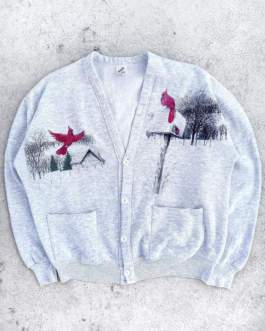 1980S JERZEES 50/50 HEATHER GREY PRINTED CARDIGAN (OS)