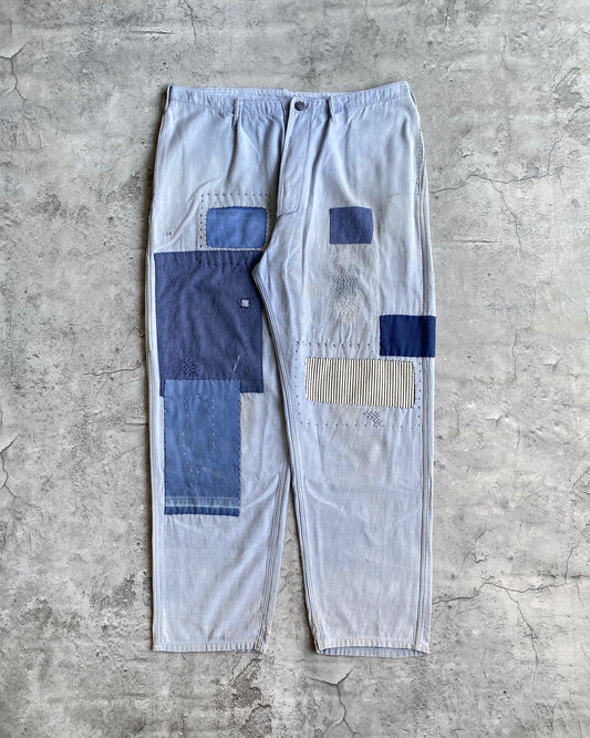 1960S FADED BLUE REPAIRED FRENCH WORK TROUSERS (35x30)