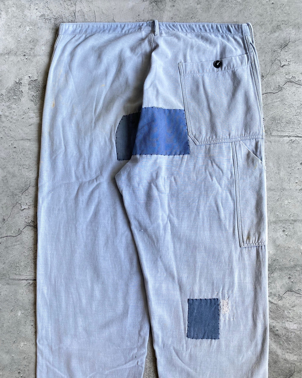 1960S FADED BLUE REPAIRED FRENCH WORK TROUSERS (35x30)