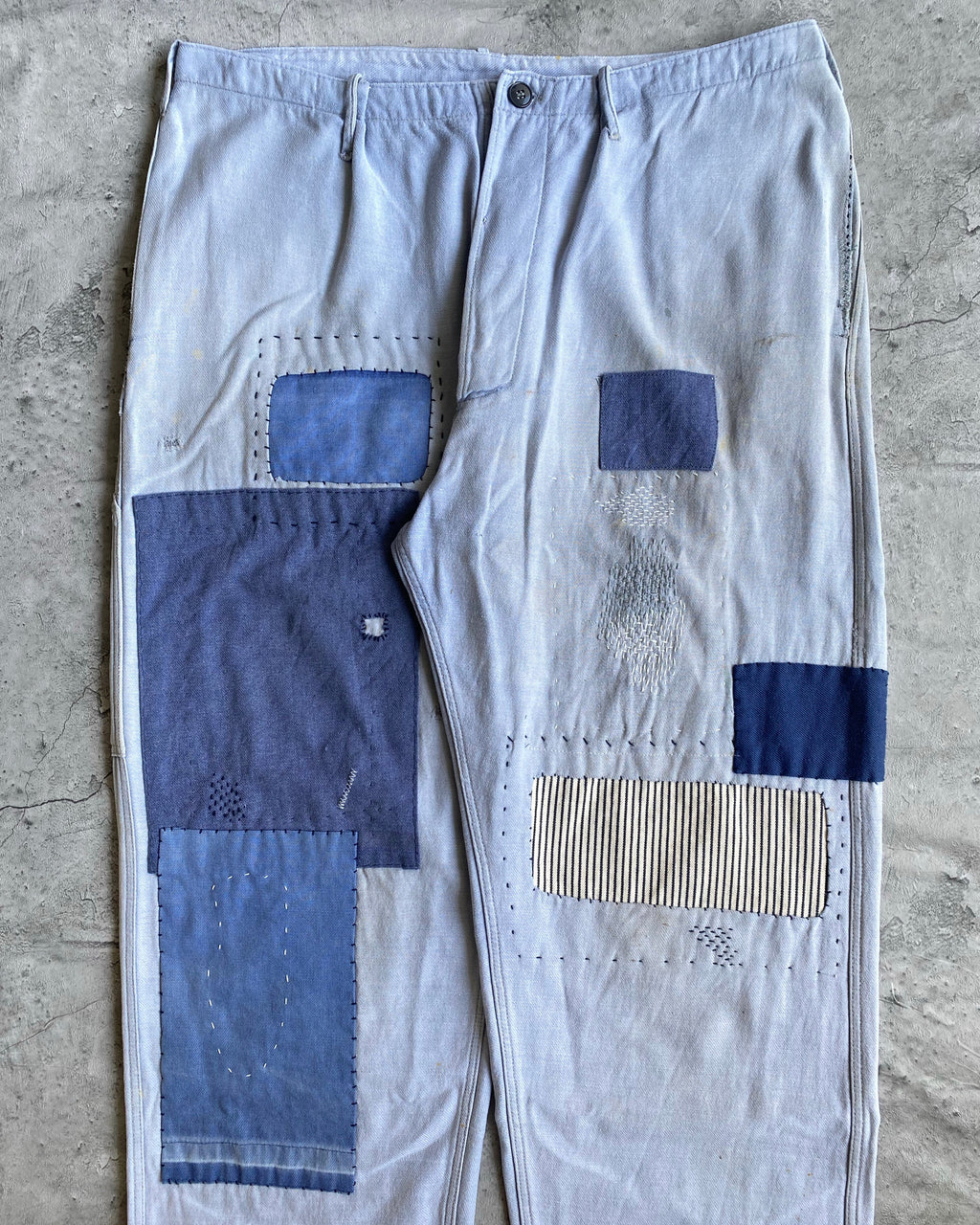 1960S FADED BLUE REPAIRED FRENCH WORK TROUSERS (35x30)