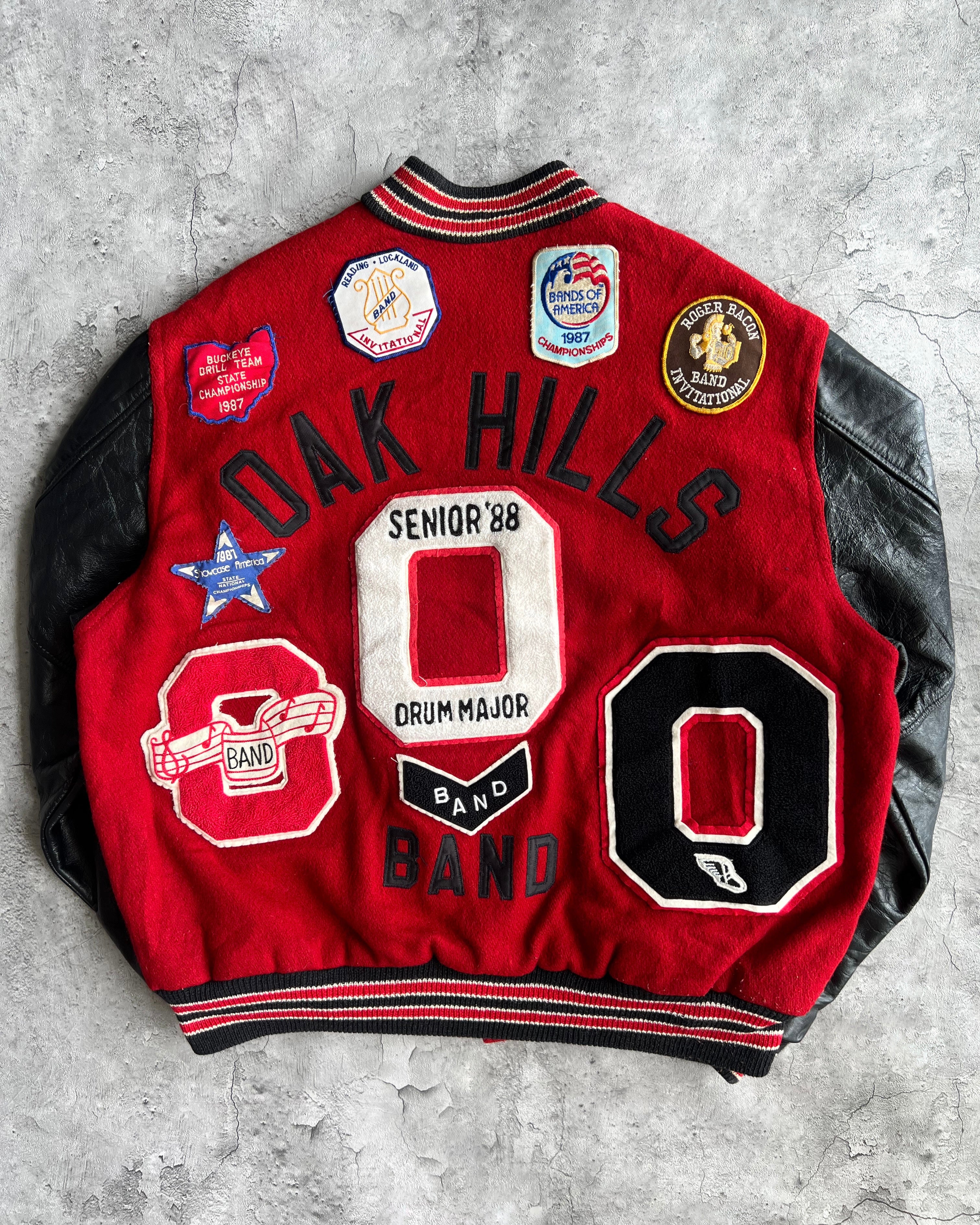 1980S 'OAK HILLS BAND' LEATHER SLEEVES VARSITY JACKETS (XL)