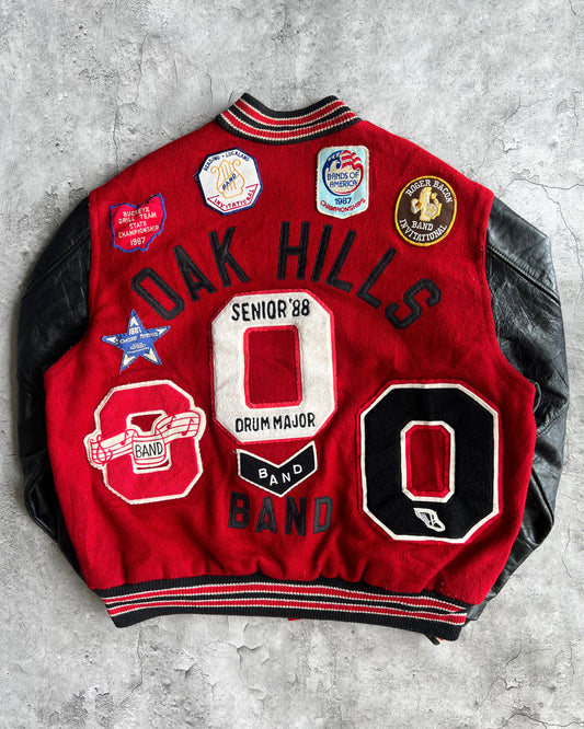 1980S 'OAK HILLS BAND' LEATHER SLEEVES VARSITY JACKETS (XL)