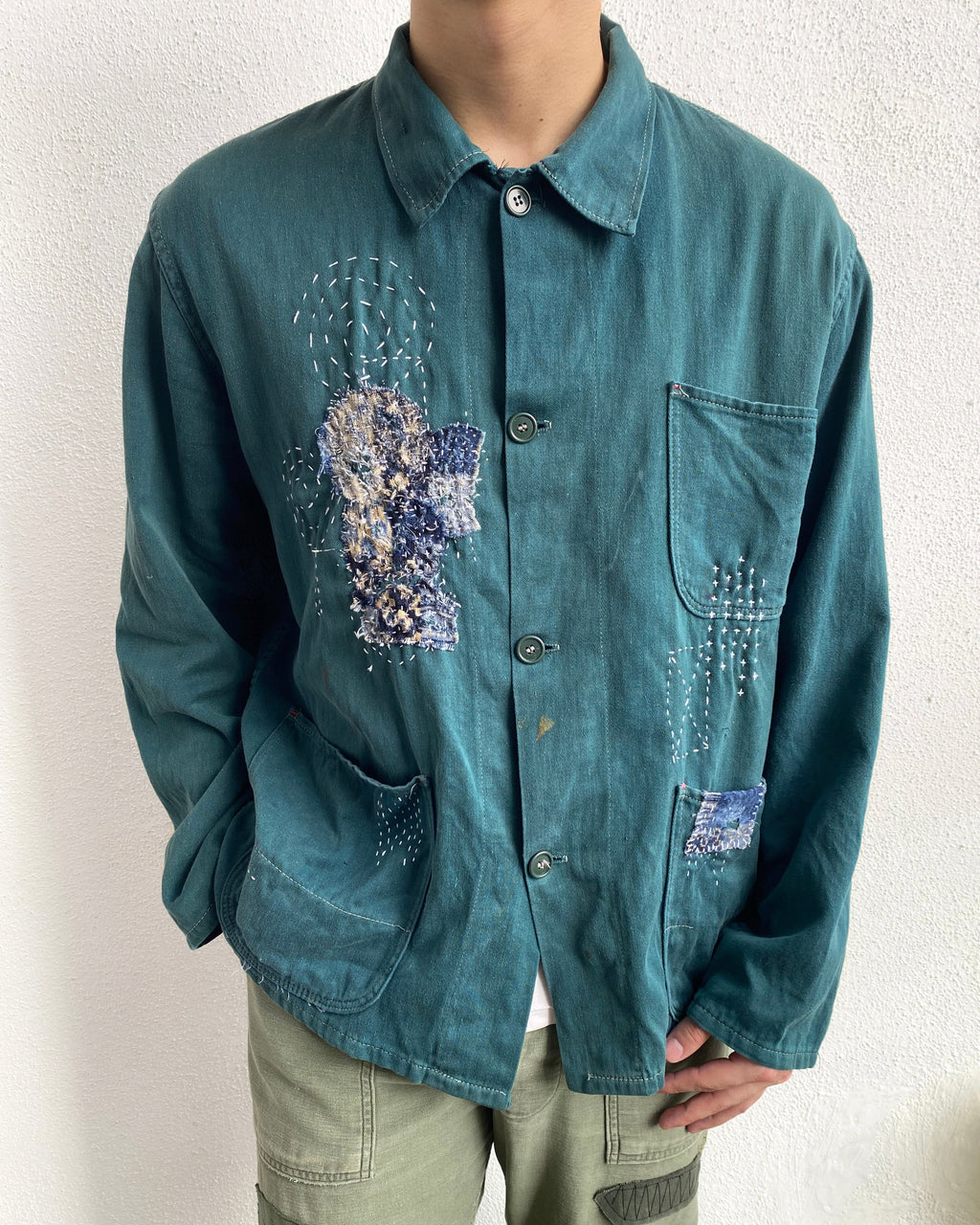 1980S BORO/SASHIKO EMERALD GREEN EUROPEAN CHORE JACKET (M/L)
