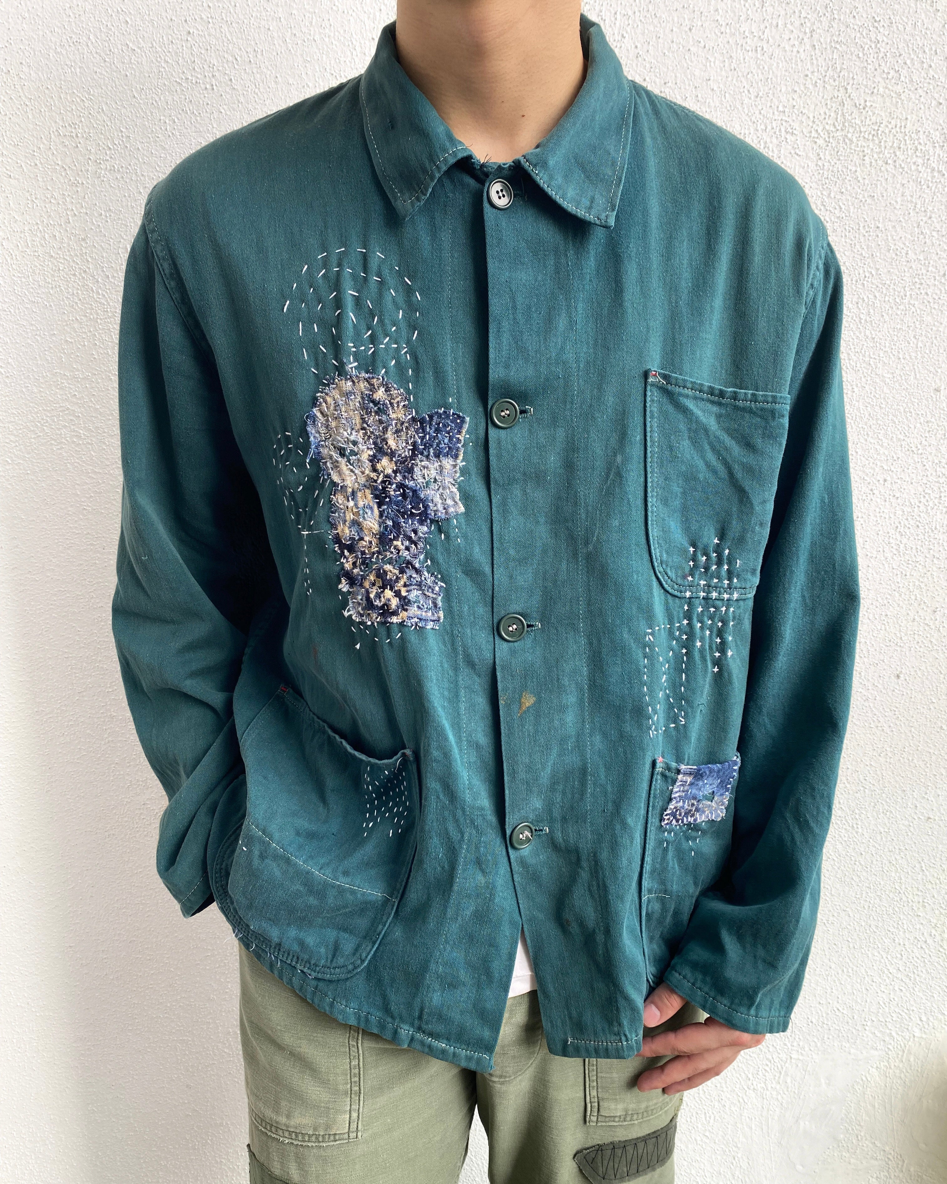 1980S BORO/SASHIKO EMERALD GREEN EUROPEAN CHORE JACKET (M/L)