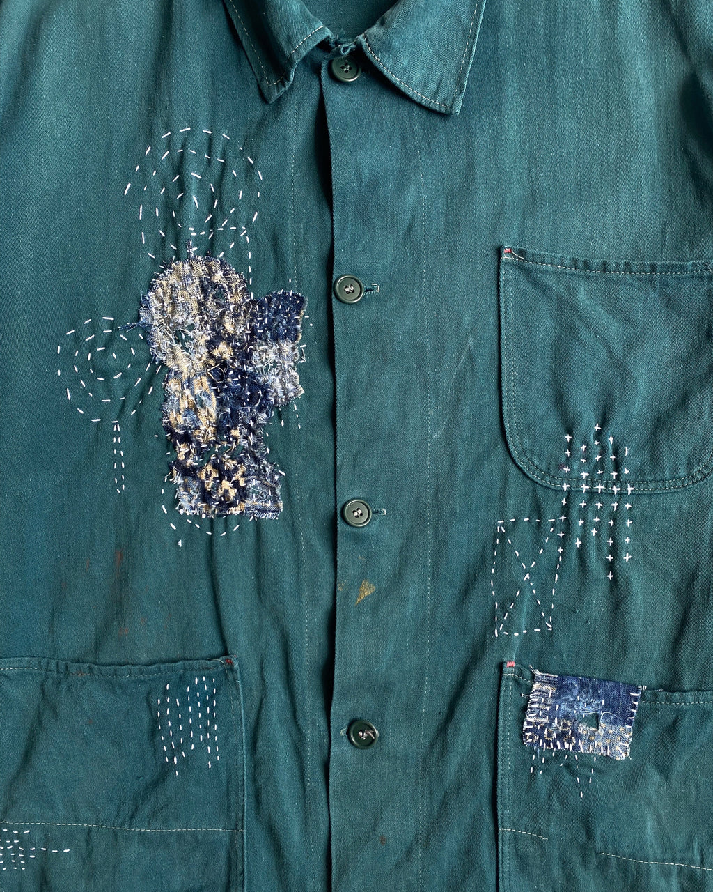 1980S BORO/SASHIKO EMERALD GREEN EUROPEAN CHORE JACKET (M/L)