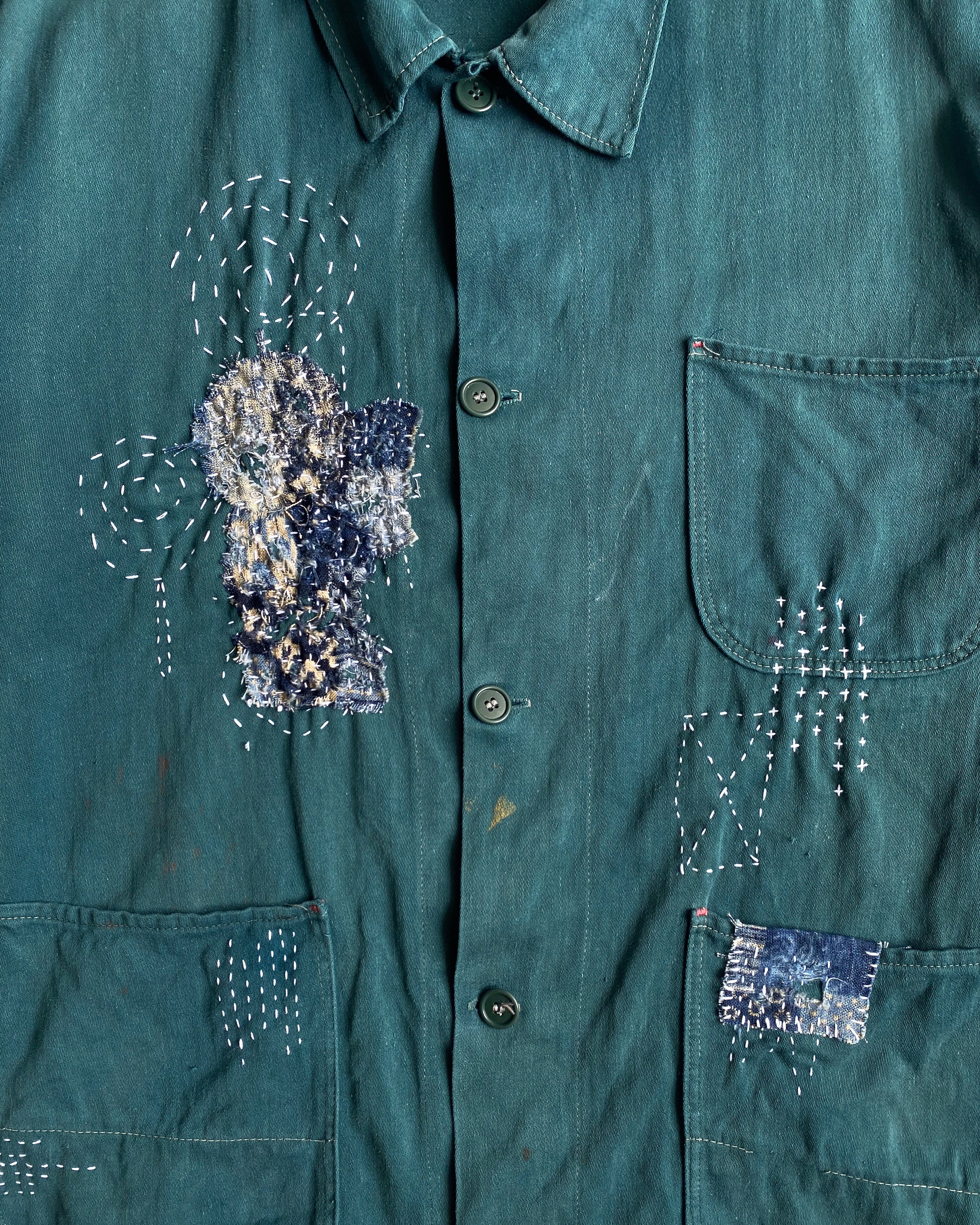1980S BORO/SASHIKO EMERALD GREEN EUROPEAN CHORE JACKET (M/L)