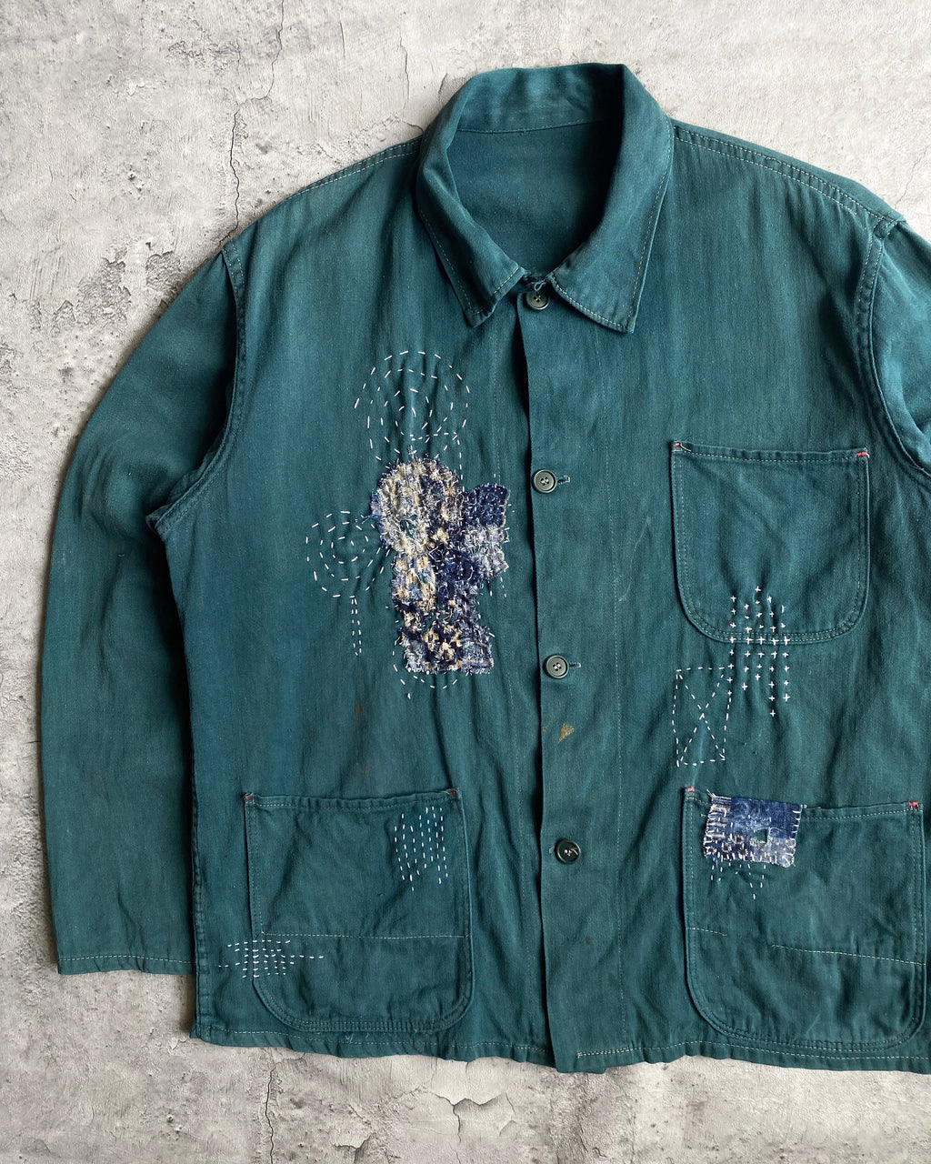 1980S BORO/SASHIKO EMERALD GREEN EUROPEAN CHORE JACKET (M/L)