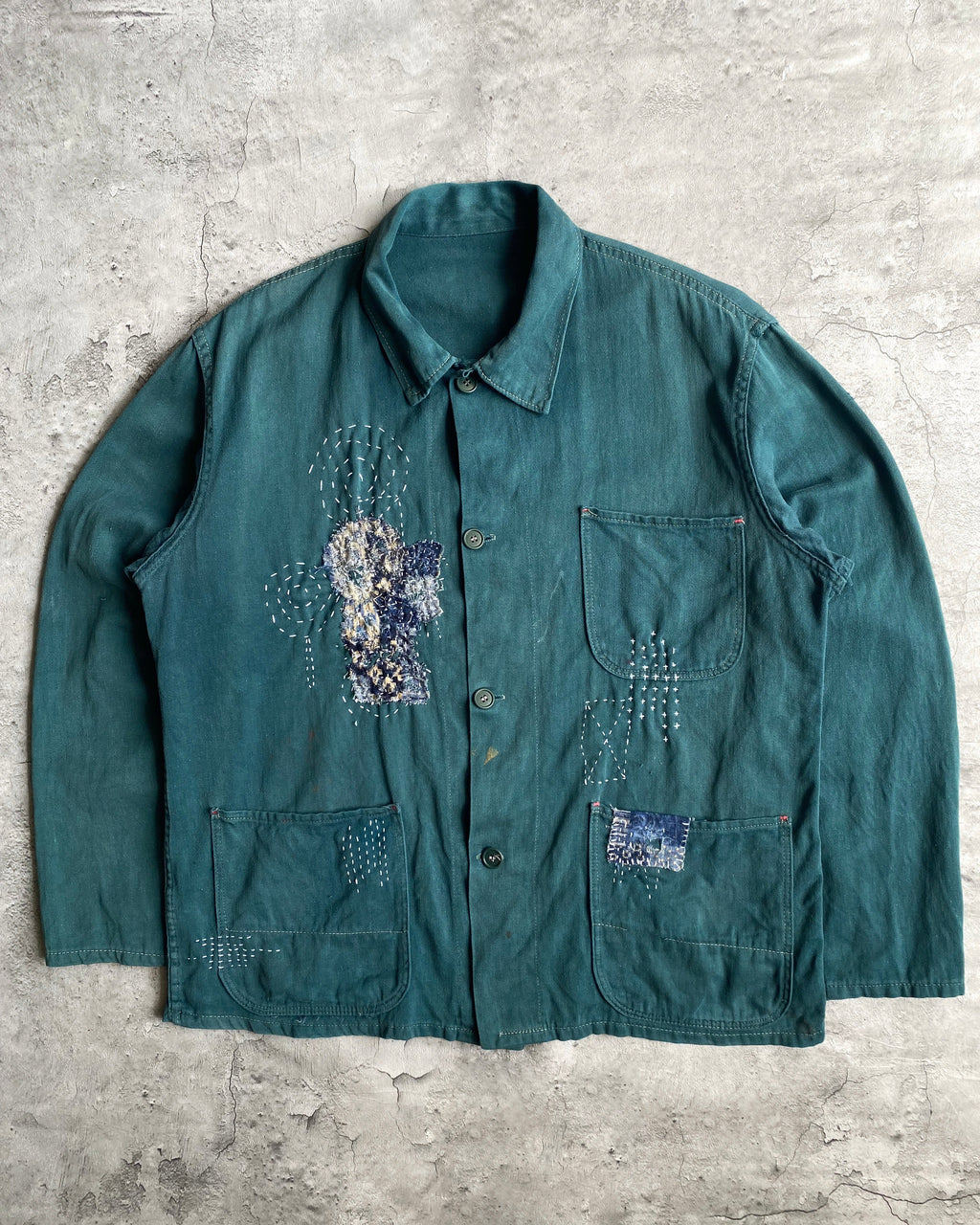 1980S BORO/SASHIKO EMERALD GREEN EUROPEAN CHORE JACKET (M/L)