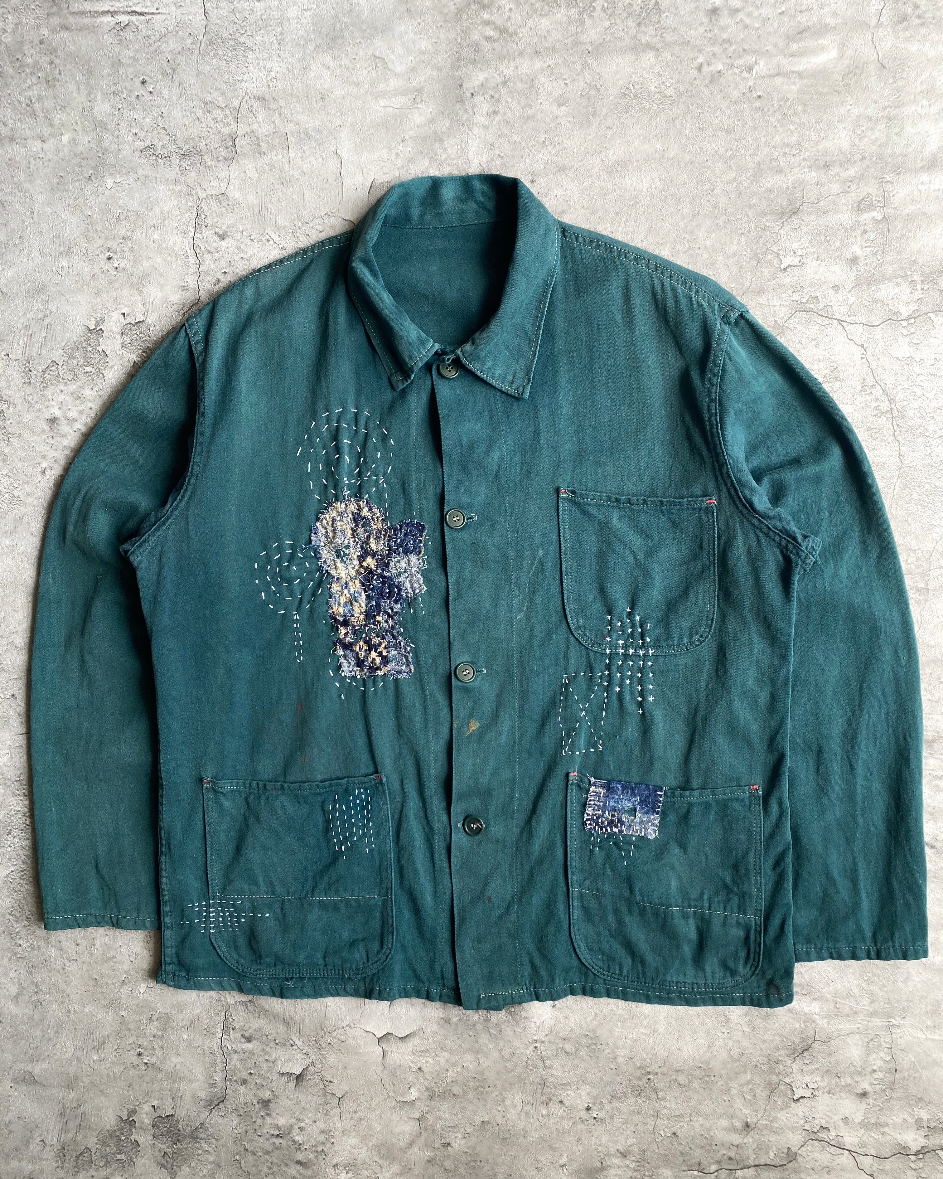 1980S BORO/SASHIKO EMERALD GREEN EUROPEAN CHORE JACKET (M/L)