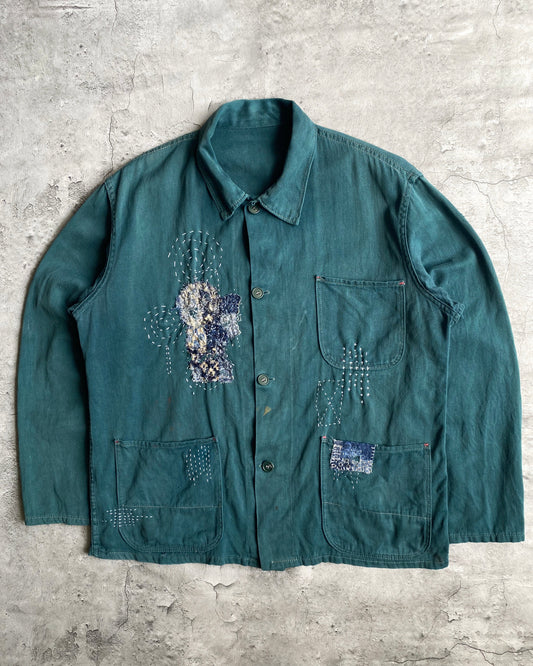 1980S BORO/SASHIKO EMERALD GREEN EUROPEAN CHORE JACKET (M/L)