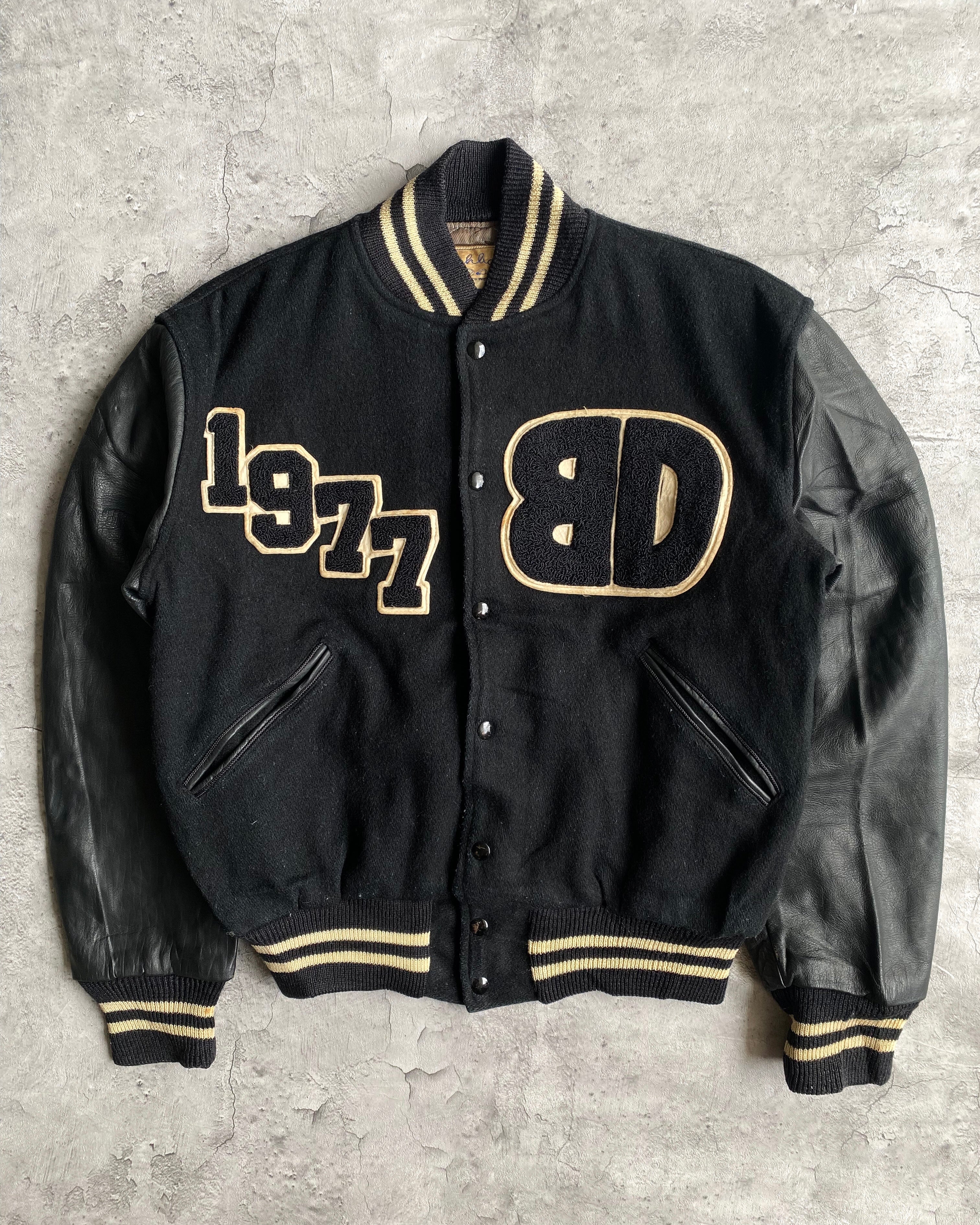 1977 'BACKDROP KING' LEATHER SLEEVES VARSITY JACKET (M/L)