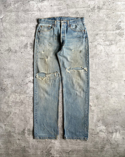 1990S FADED BLUE LEVI'S 501 DISTRESSED JEANS (33X30)