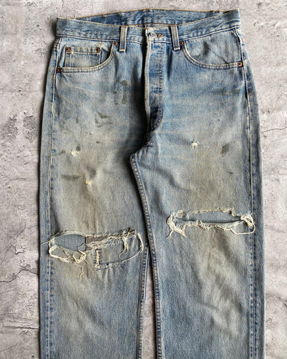 1990S FADED BLUE LEVI'S 501 DISTRESSED JEANS (33X30)