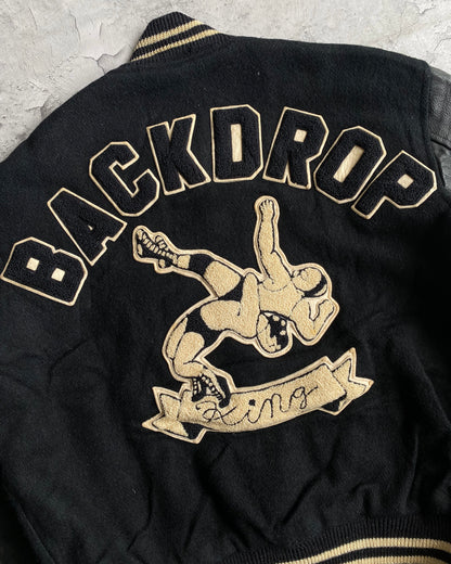 1977 'BACKDROP KING' LEATHER SLEEVES VARSITY JACKET (M/L)